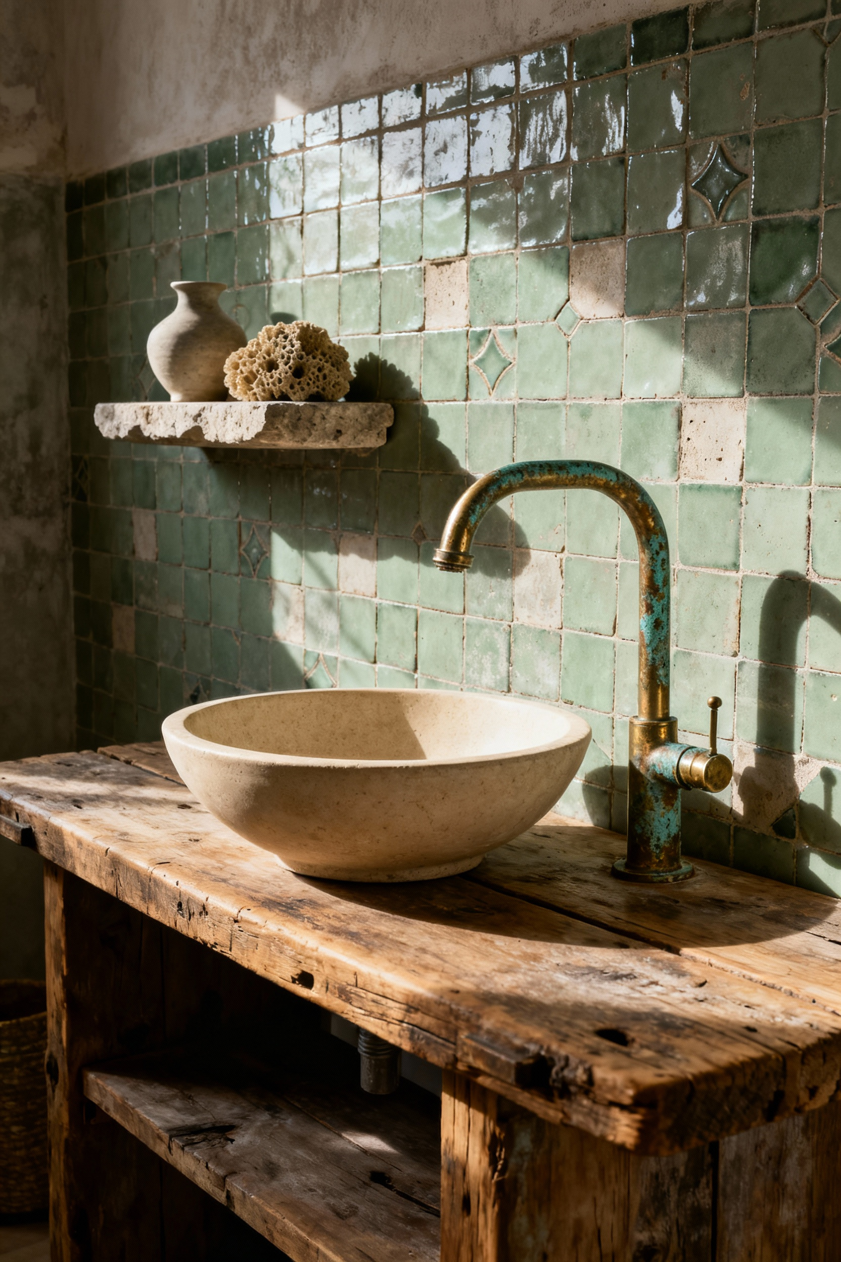 A Wabi-Sabi bathroom featuring a wooden vanity, a textured stone sink, and a wall of dusty sage Zellige tiles. The unlacquered brass faucet shows extensive, unique green verdigris patina from oxidation, highlighting the acceptance of weathering and imperfection.