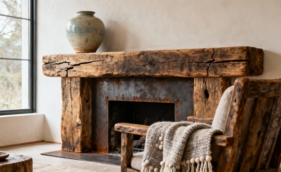 A rustic living room vignette showcasing Wabi-Sabi design with an ancient oak mantel, patinated steel fireplace, and handmade ceramic, highlighting natural imperfections and textures.