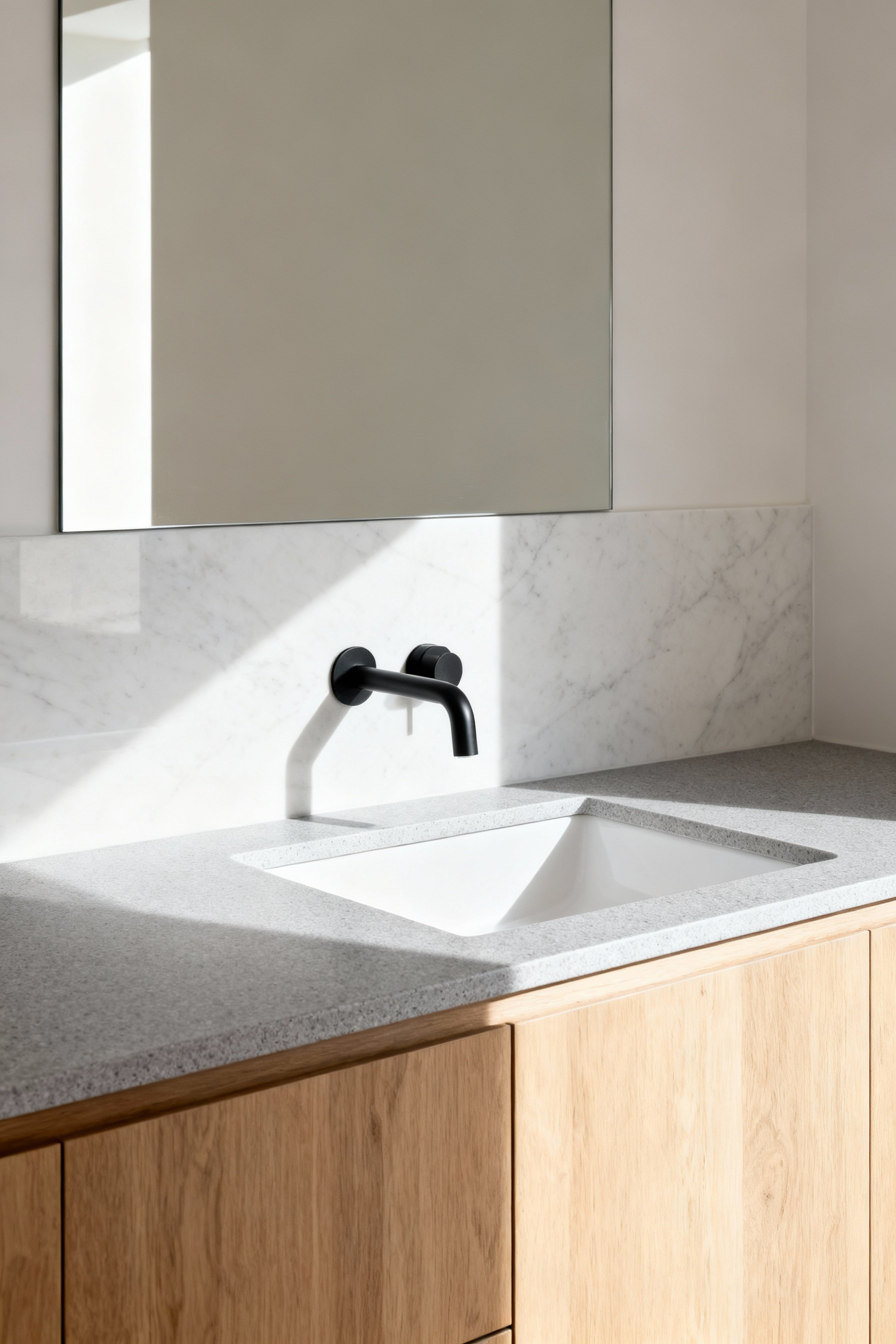 A modern luxury bathroom featuring a wall-mounted matte black faucet over a white sink and gray quartz countertop, highlighting the uninterrupted, bacteria-free surface.