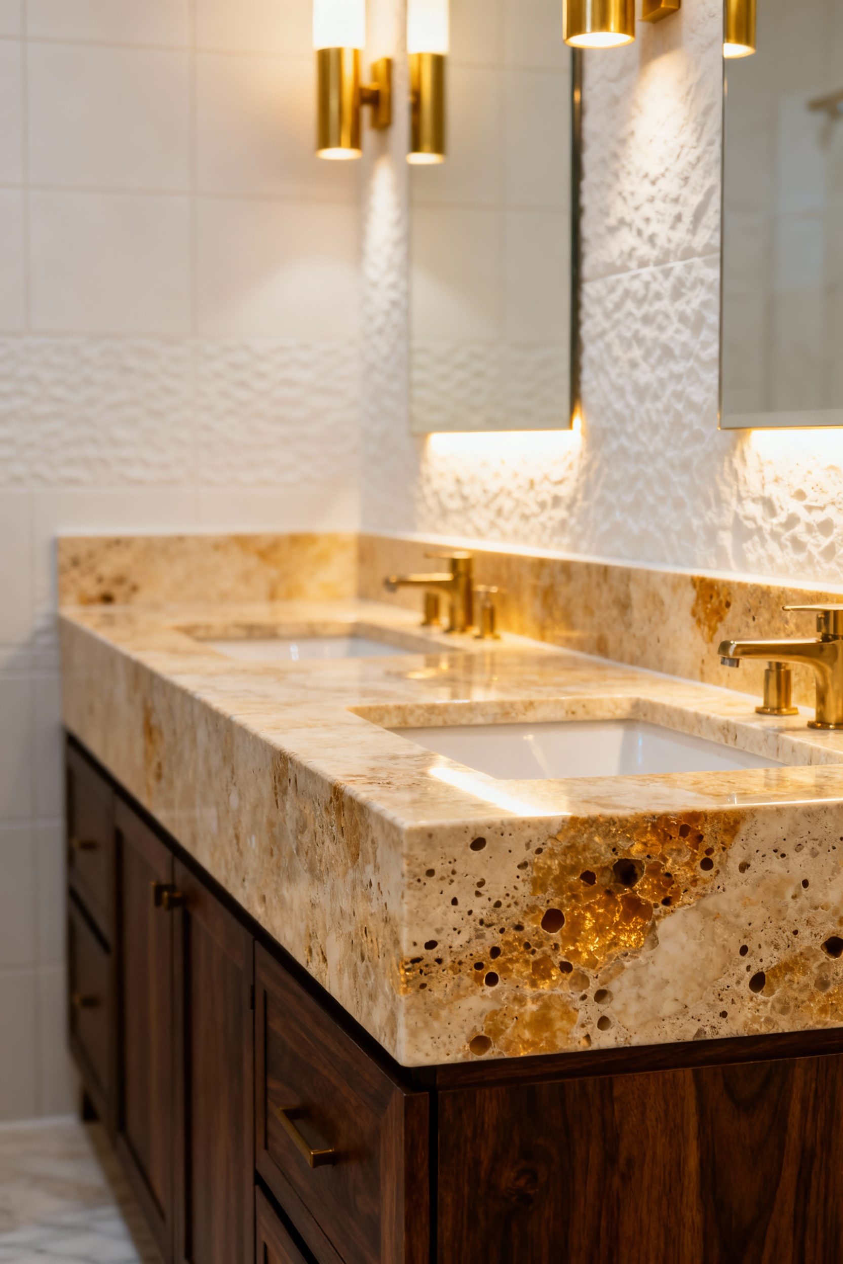Luxurious bathroom vanity featuring a golden Travertine countertop illuminated by warm 2800K lighting, emphasizing the stone's rich beige and golden undertones.