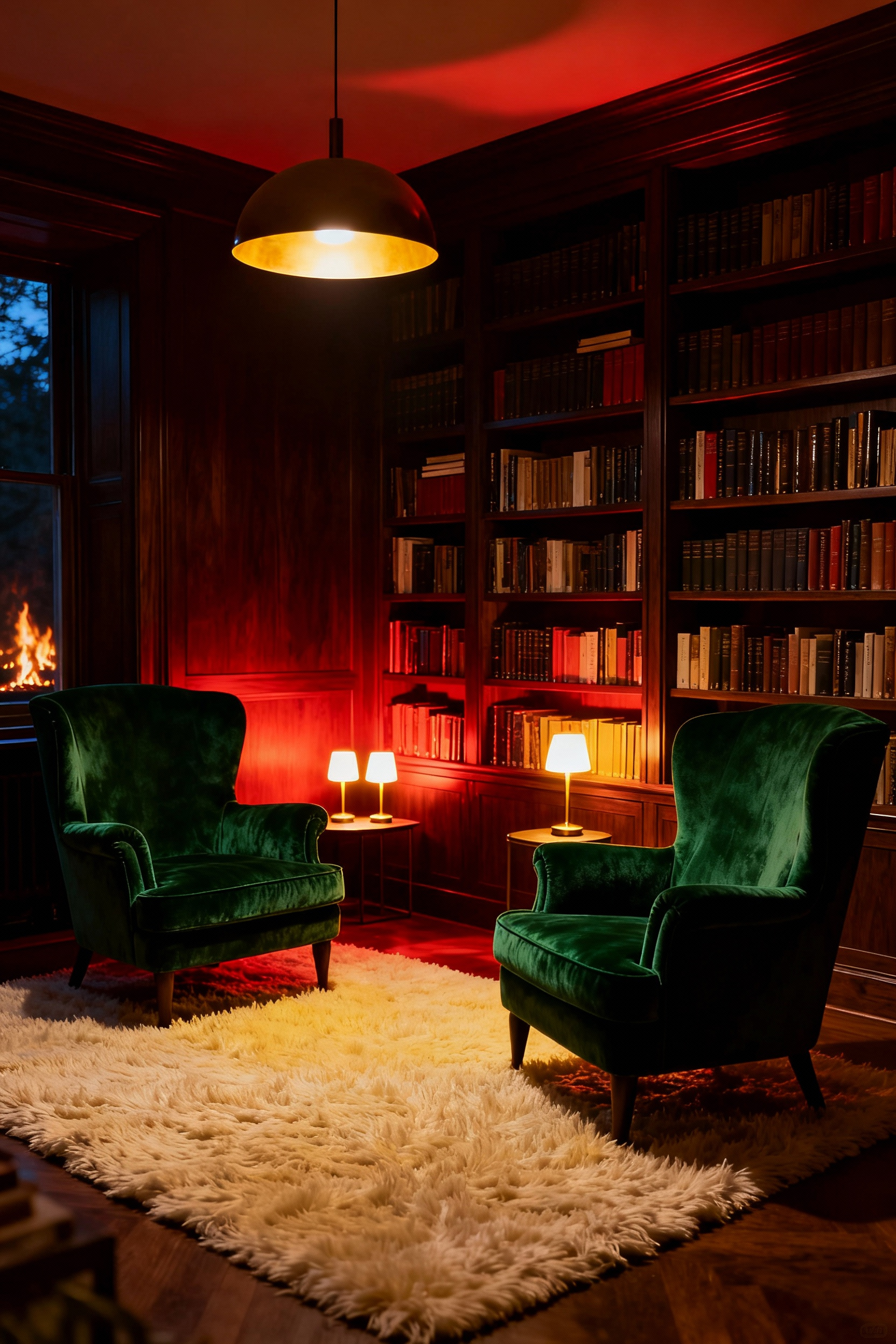 A deeply cozy living room at night illuminated by ultra-warm, 2400K yellow light, creating a tranquil atmosphere with soft shadows and deep green velvet furniture.