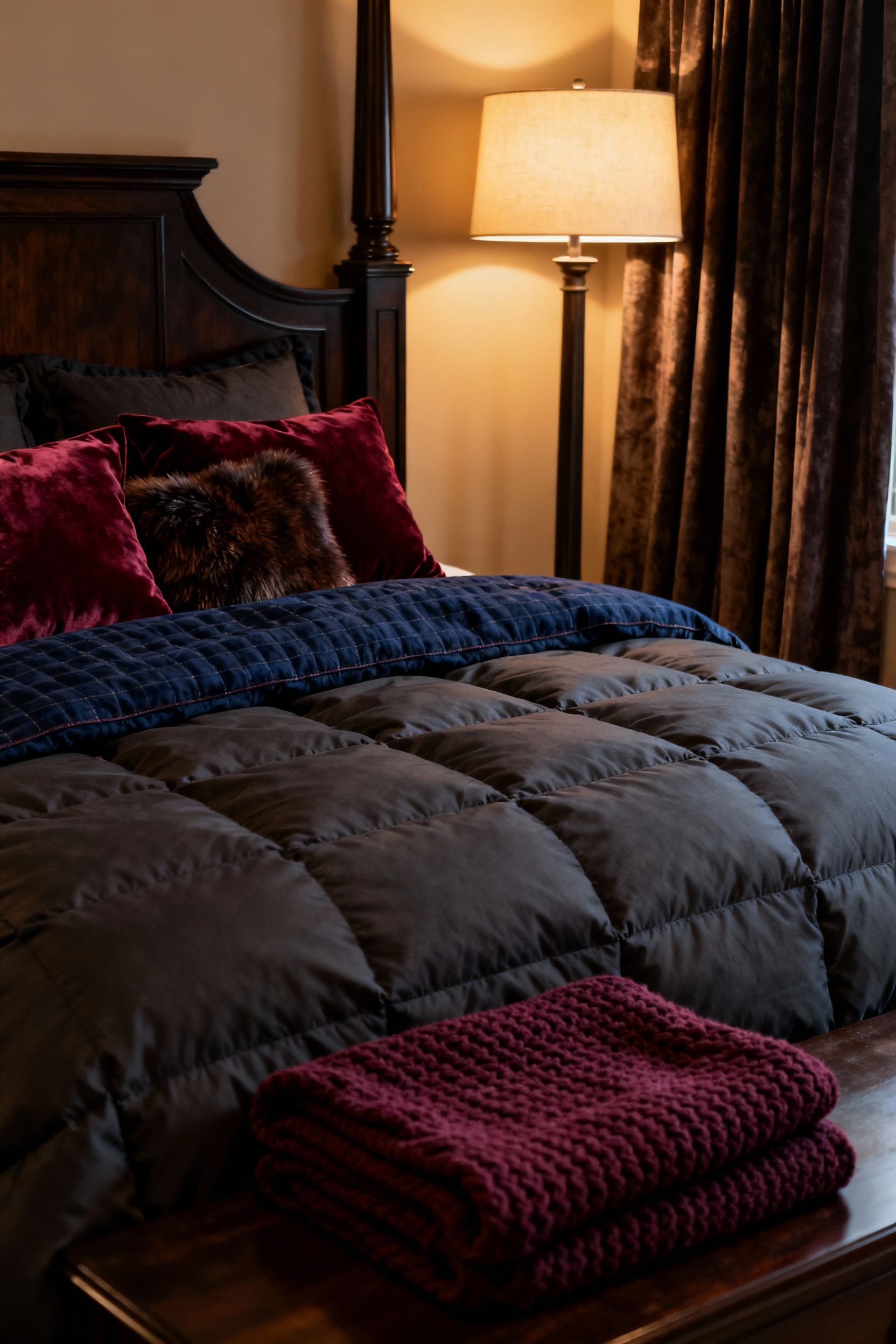 Luxury master bedroom prepared for winter with navy flannel bedding, burgundy velvet pillows, and faux fur throws for maximum warmth and visual weight.