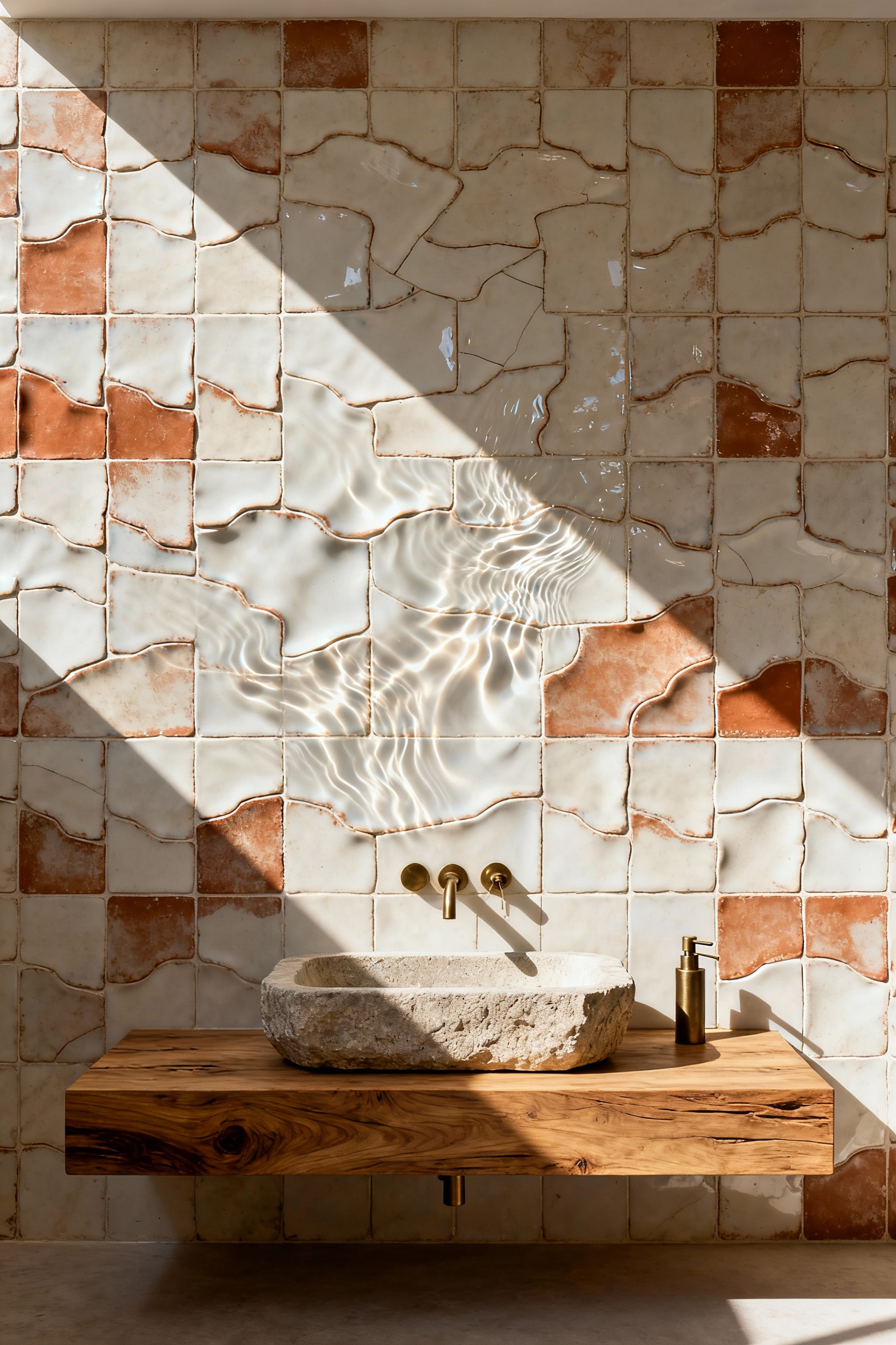 A serene luxury bathroom interior featuring a full wall of handmade Zellige tiles, where angled natural light fractures across the irregular glaze depth, creating a soft, shimmering effect above a floating raw wood vanity.