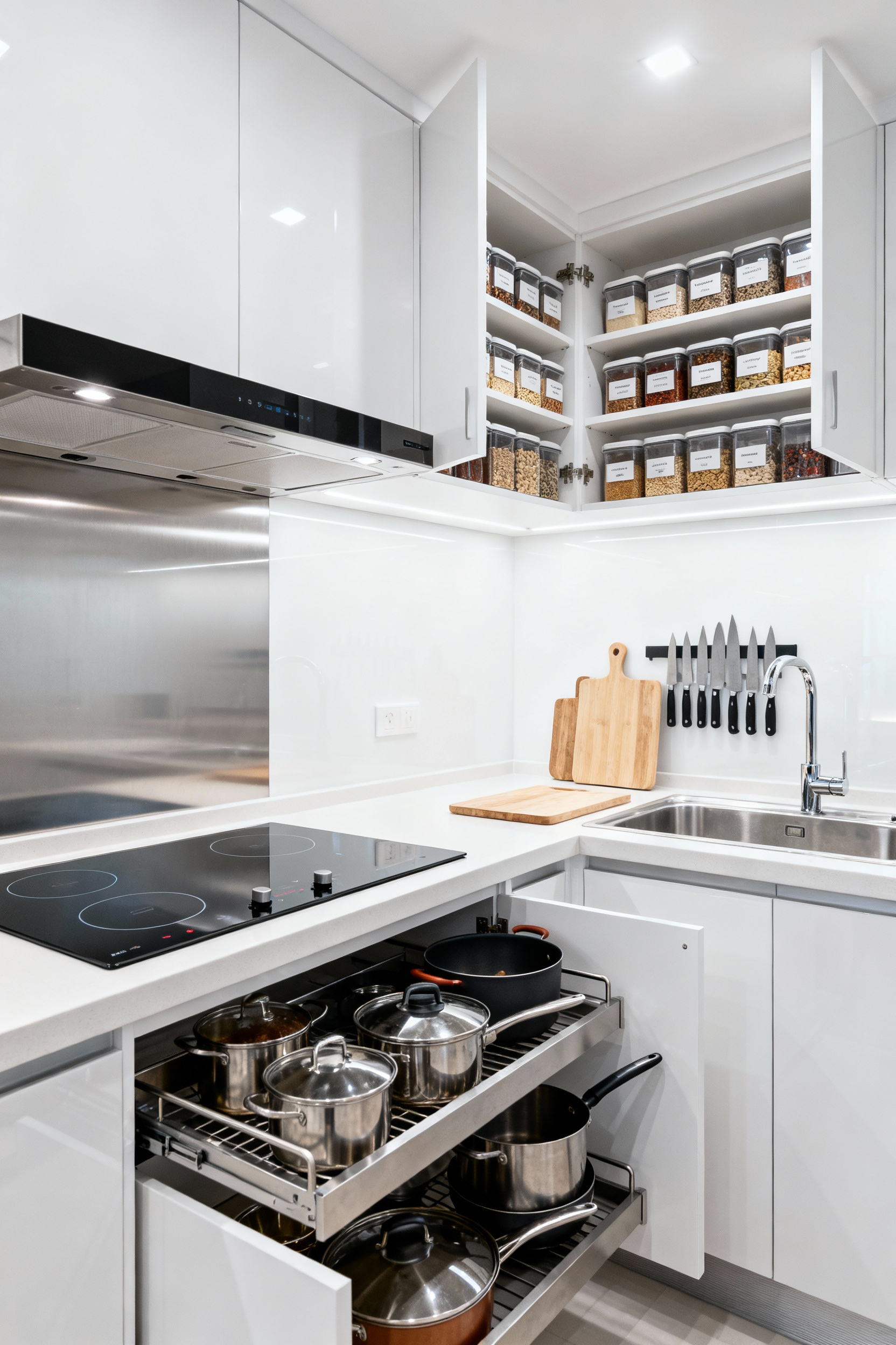 Close-up of a modern kitchen showing clear zoned storage for cooking utensils, spices, and prep tools, enhancing workflow efficiency.