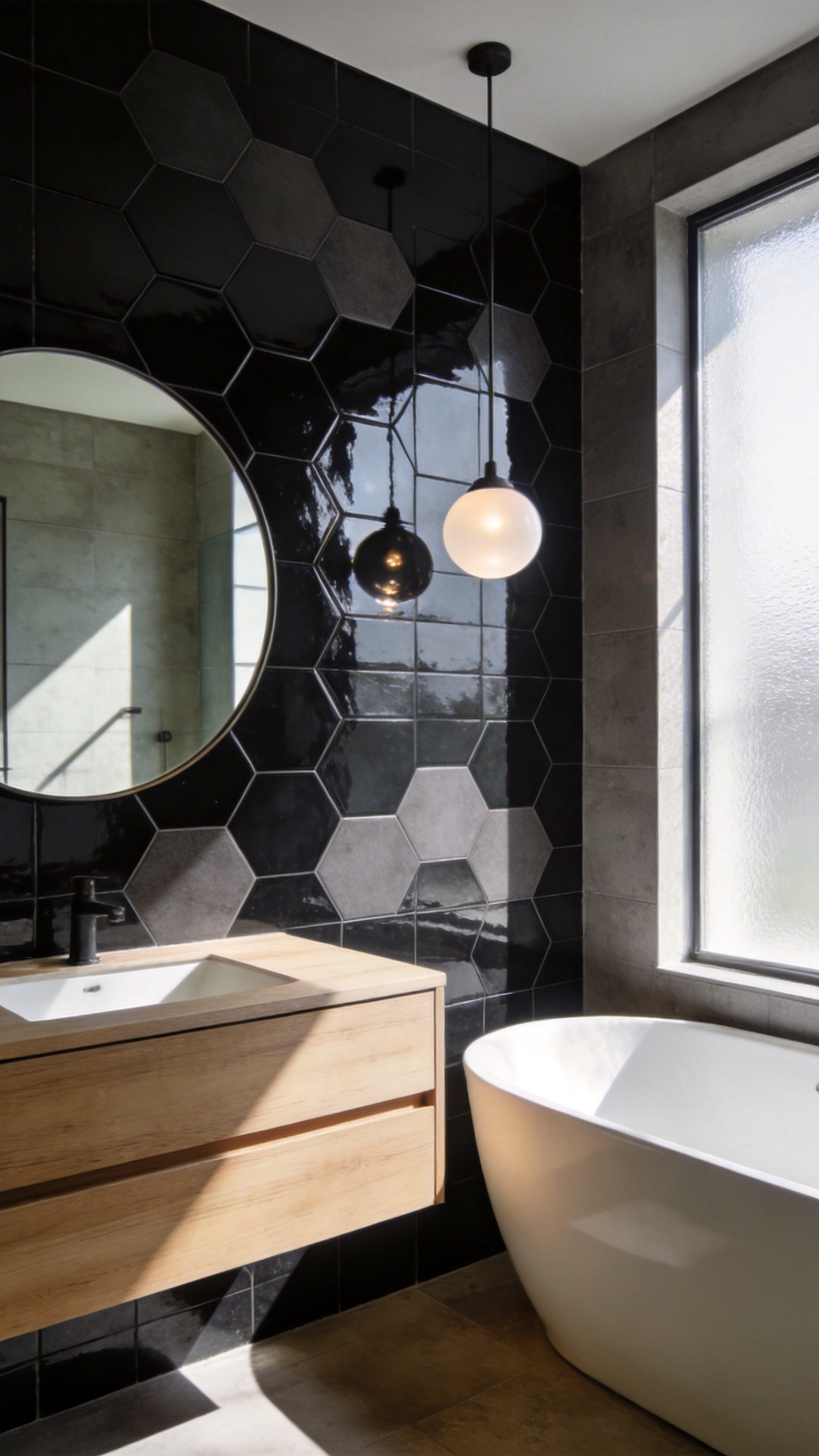 A luxurious bathroom design showcasing the contrast between matte and glossy tile glazes for added depth.