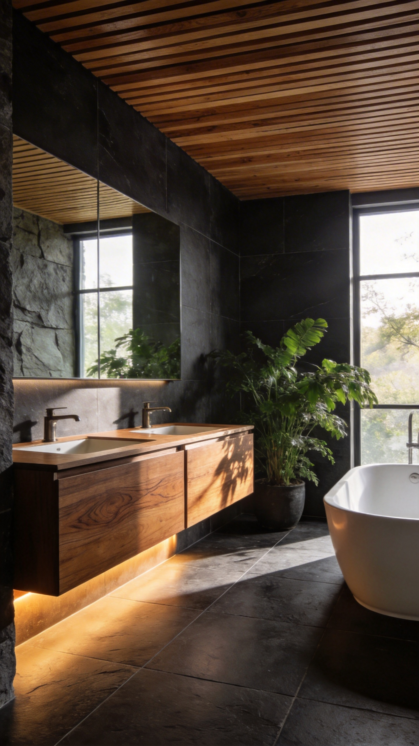 A luxury bathroom interior featuring a walnut floating vanity and teak ceiling accents paired with dark stone tiles to create a biophilic design.