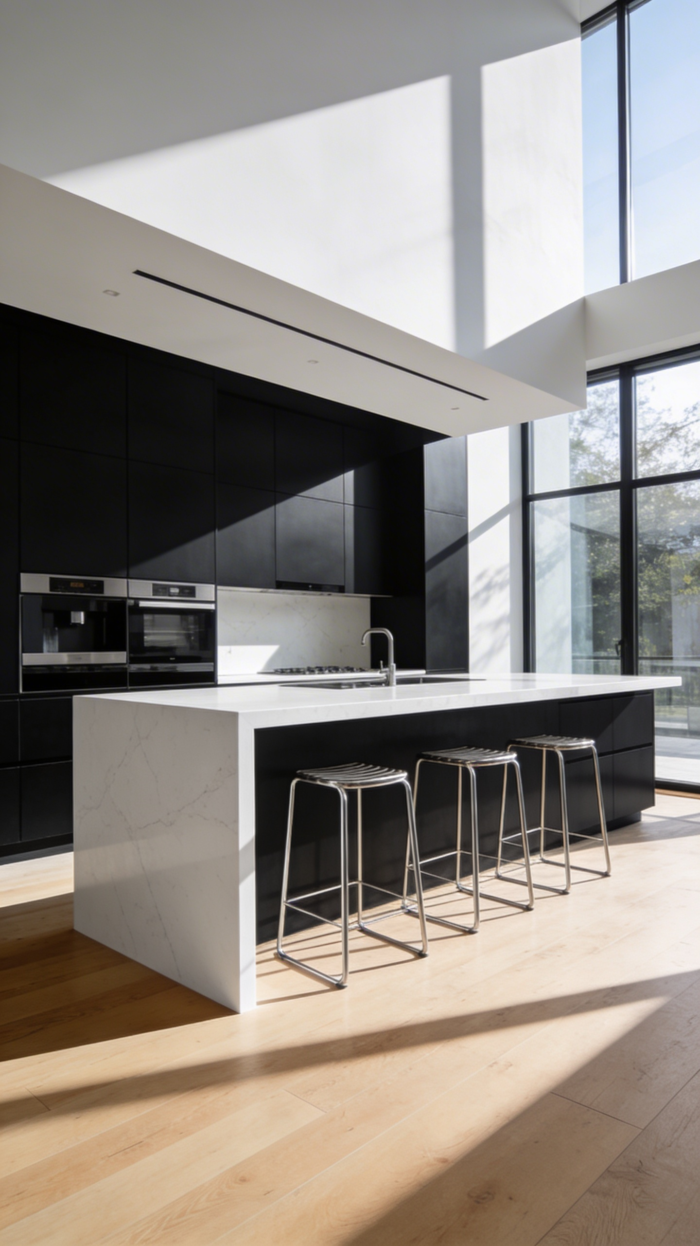 A modern minimalist kitchen featuring a floating cantilevered marble island with steel bar stools and bright natural lighting.