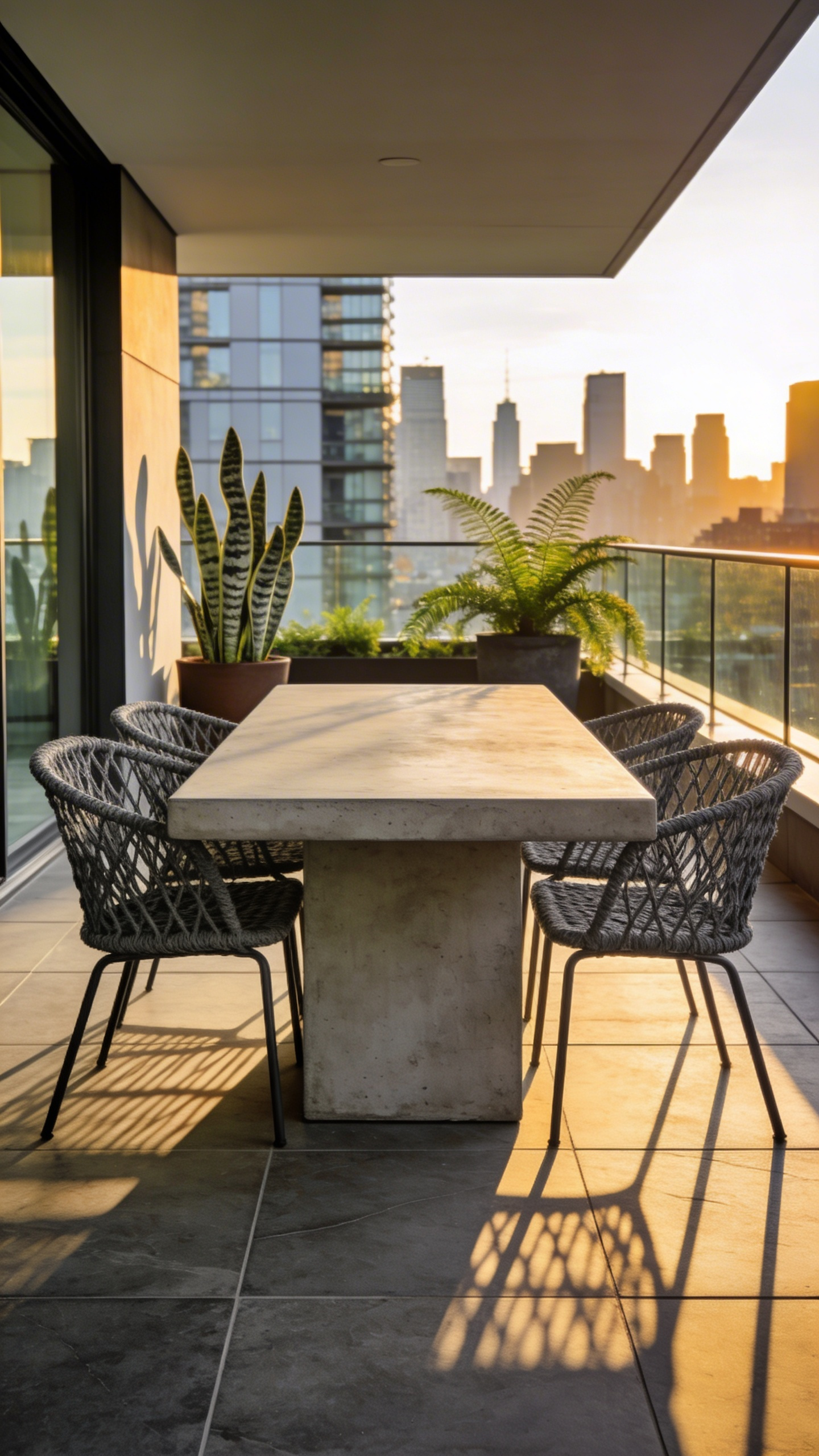 A contemporary urban patio design featuring a solid cast concrete table and lightweight woven cord chairs on a tiled terrace at sunset.