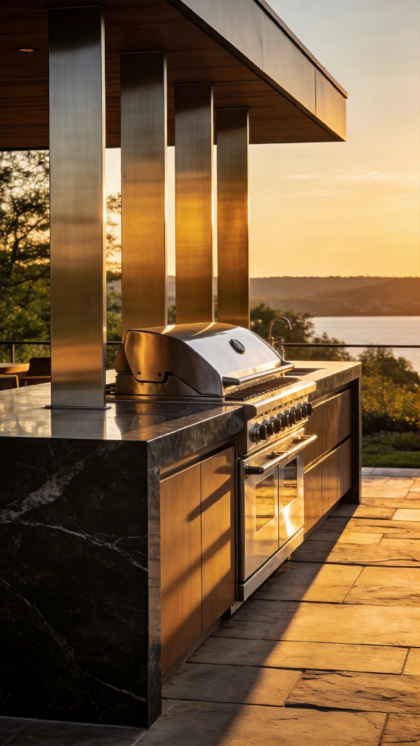 A modern luxury outdoor kitchen with stainless steel appliances and soapstone countertops designed for climate resilience in an open-air setting.