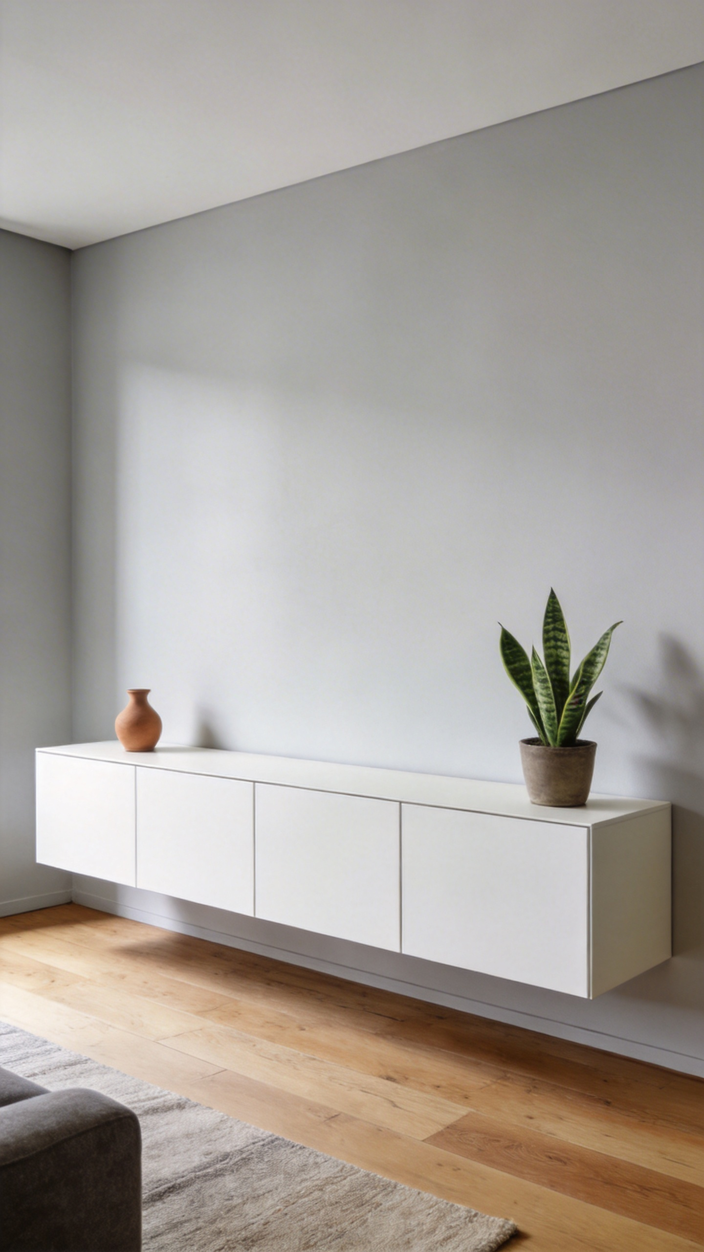 A minimalist living room featuring a long, closed, handleless white storage cabinet against a pale gray wall, emphasizing negative space and clean organization to reduce visual clutter.