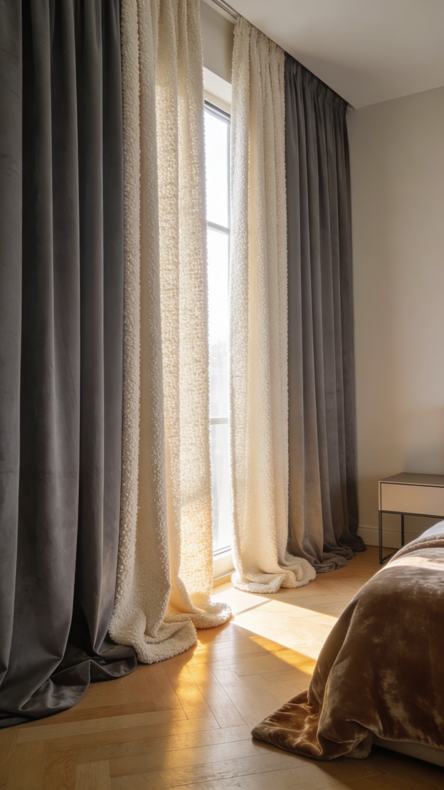 A cozy bedroom featuring layered window dressings with thick blackout drapes and heavy textural weave curtains for acoustic dampening.