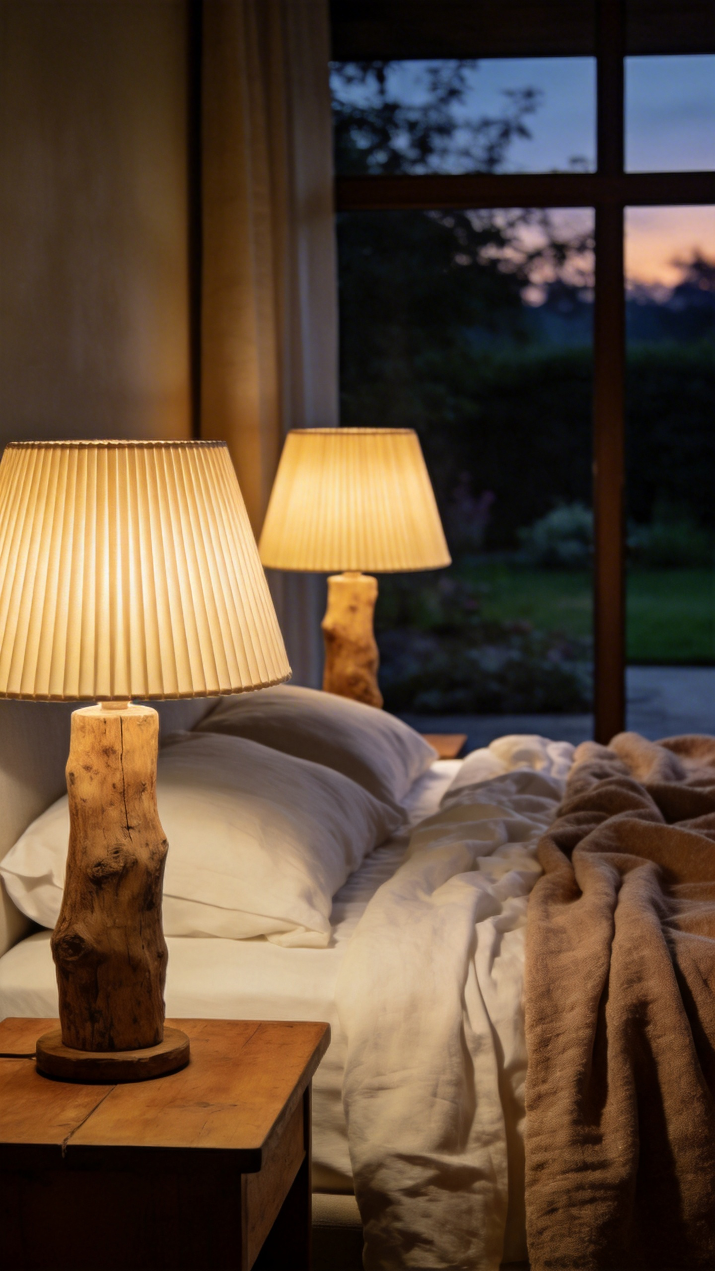 A full view of a cozy bedroom featuring warm diffused lighting from pleated textile lamp shades and soft linen bedding.