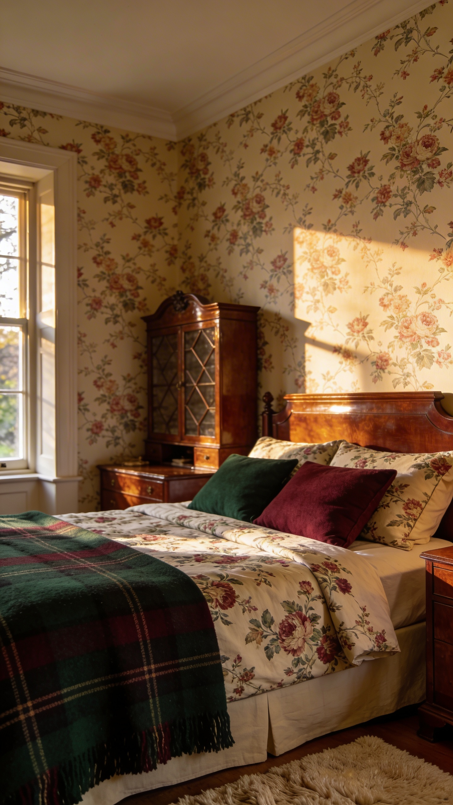 A cozy bedroom interior featuring a bed with mixed floral and plaid bedding against botanical wallpaper.