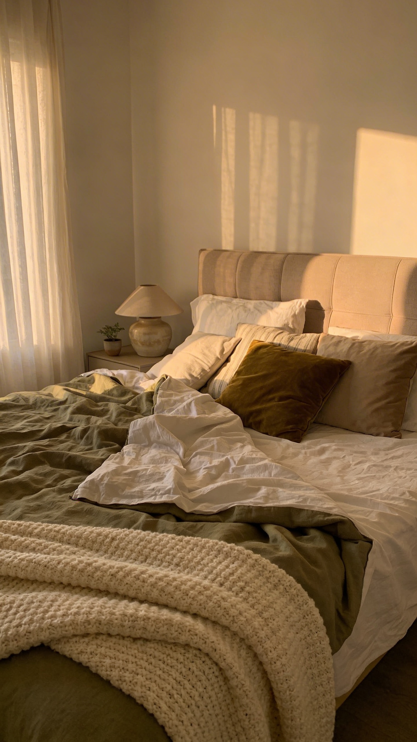 A cozy bedroom featuring a beautifully layered unmade bed with rumpled linen sheets, a chunky knit throw, and plush pillows in a sunlit room.