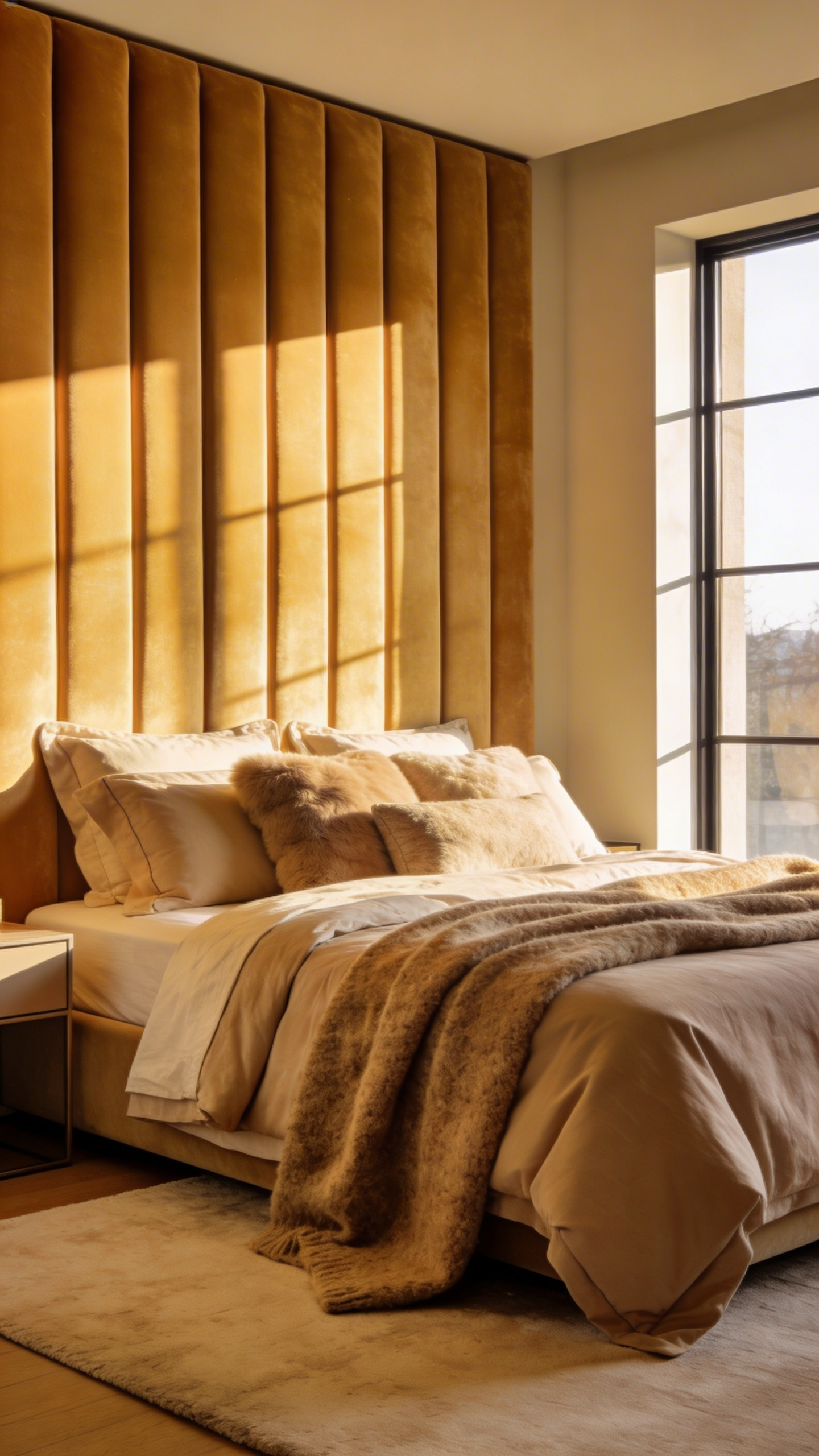 A cozy bedroom featuring a luxurious champagne velvet upholstered headboard with vertical channels and layered bedding in soft natural light.