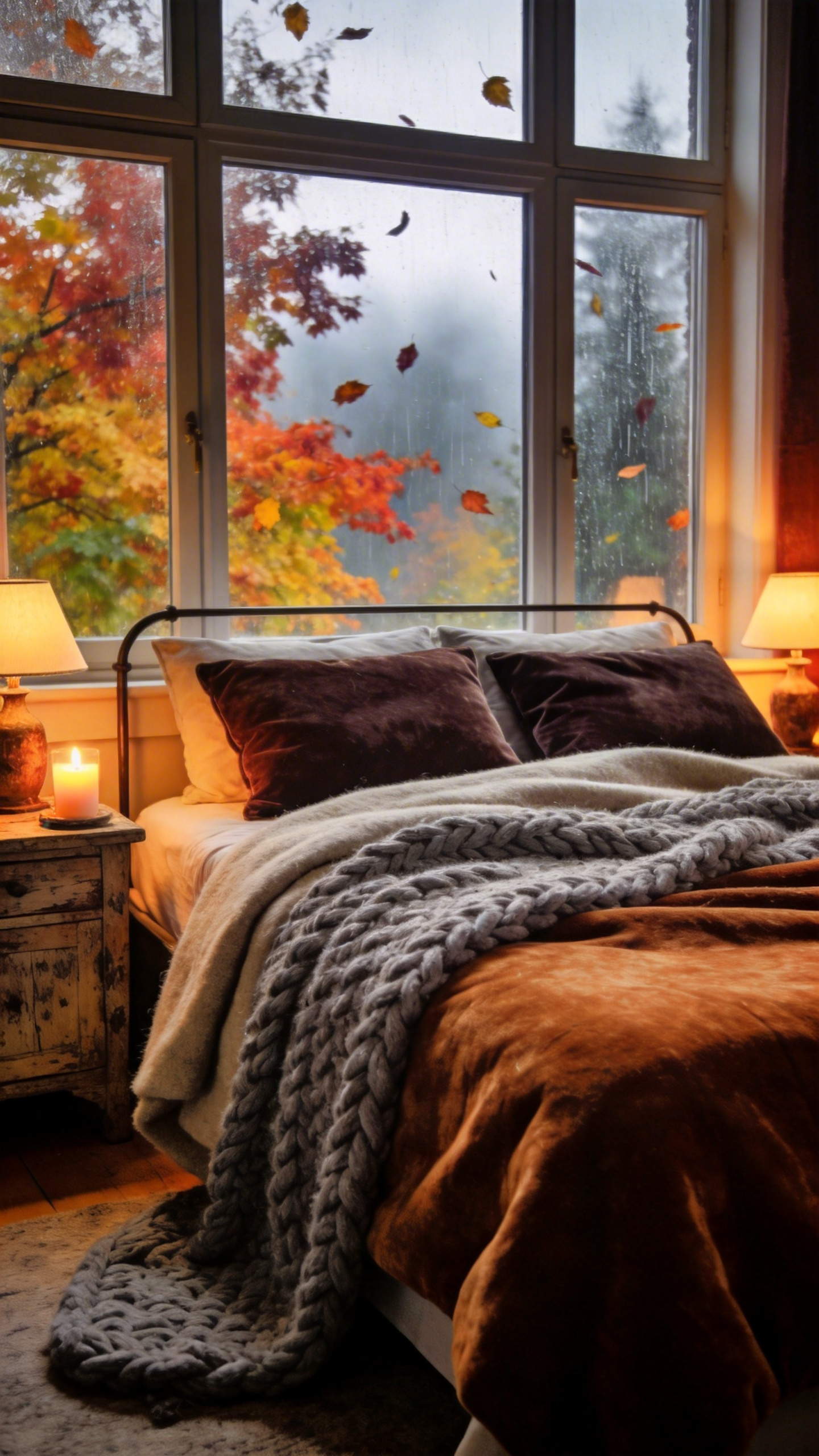 A cozy bedroom decorated for winter with thick wool blankets and chunky knit throws on a bed next to a window with a rainy autumn view.