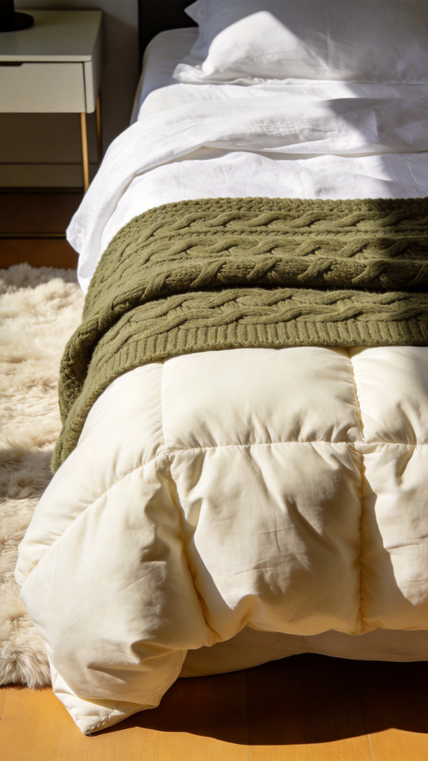 A full view of a modern cozy bedroom featuring a bed styled with three layers of different fabric weights to illustrate the rule of three.