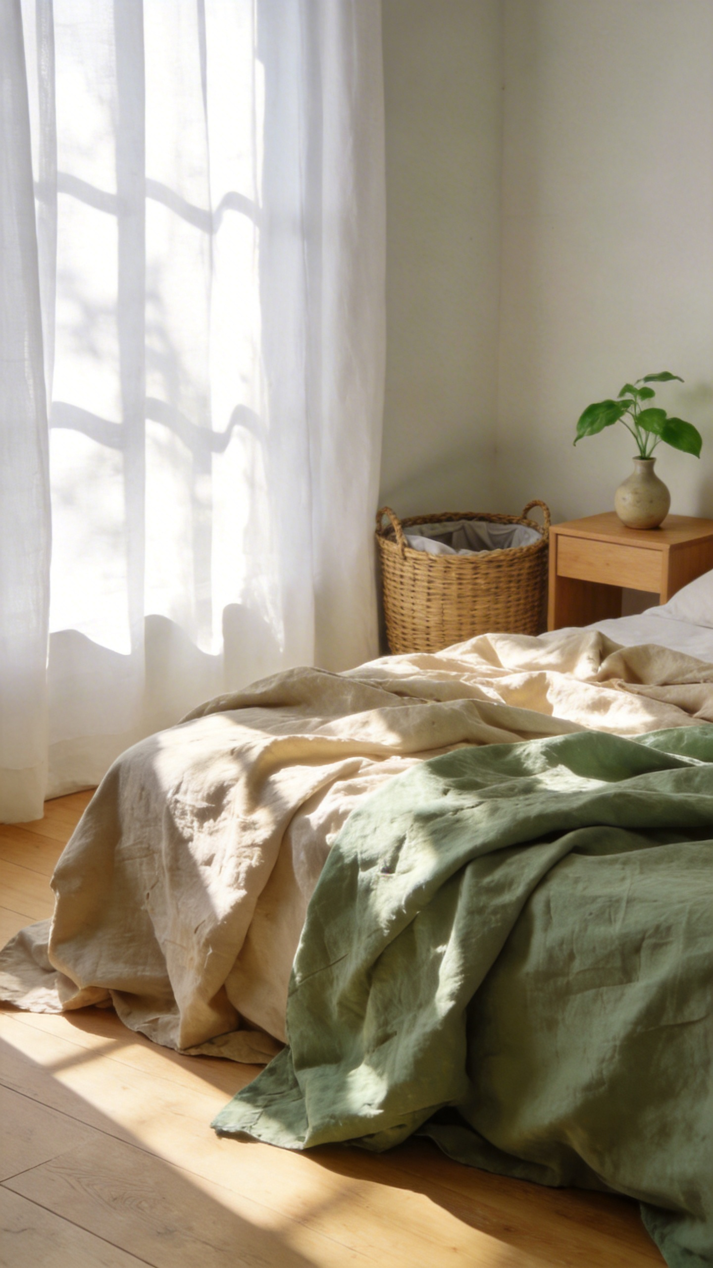 A sunlit cozy bedroom featuring layers of soft rumpled linen bedding on a wooden bed frame with a wicker basket nearby.