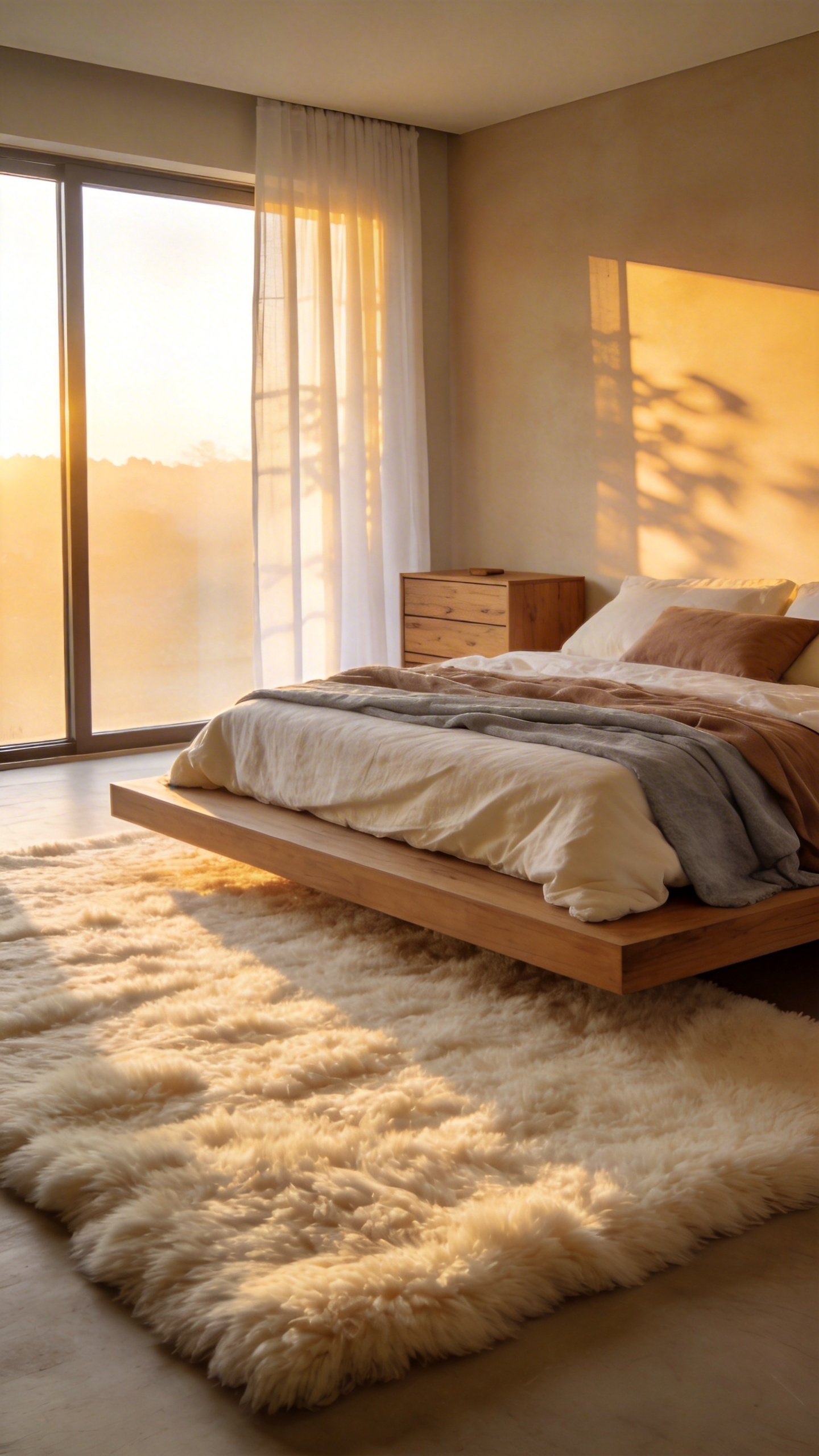 A bright and cozy bedroom showing a plush rug placed perfectly beside the bed to catch the morning sun.