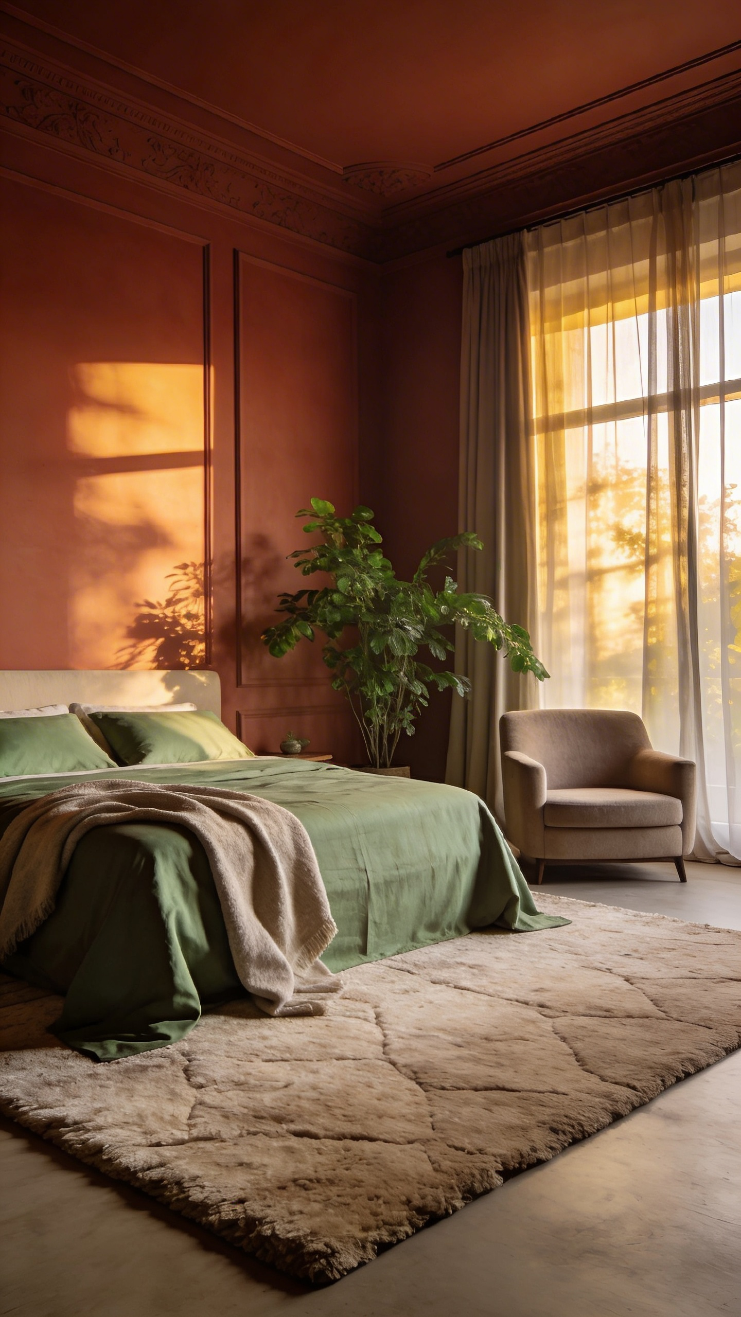 A professionally designed bedroom featuring matte terracotta walls, sage green bedding, and greige furniture bathed in soft natural sunlight.