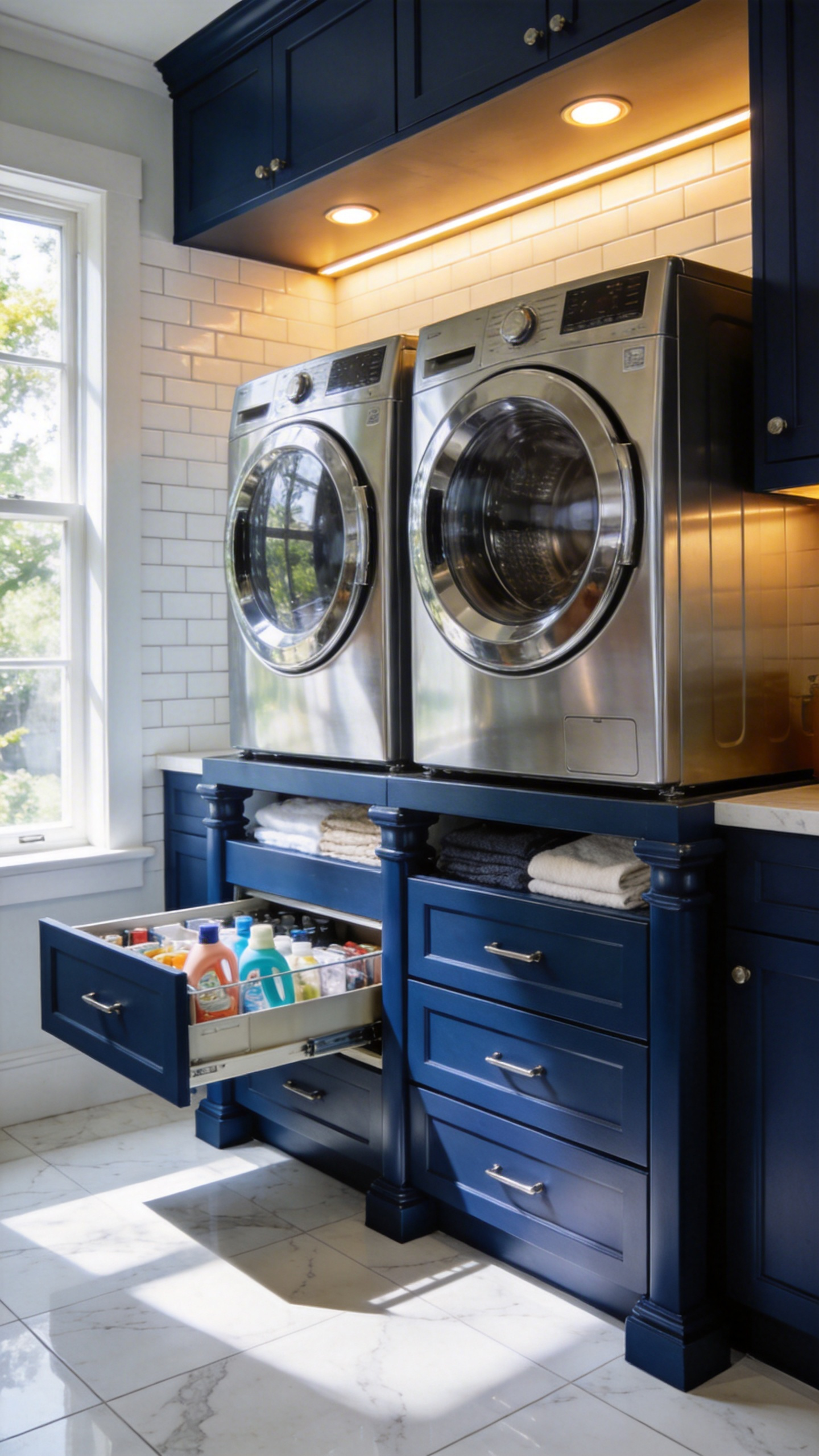 A modern laundry room featuring front-load washing machines elevated on fifteen-inch structural pedestal drawers for ergonomic access and extra storage.
