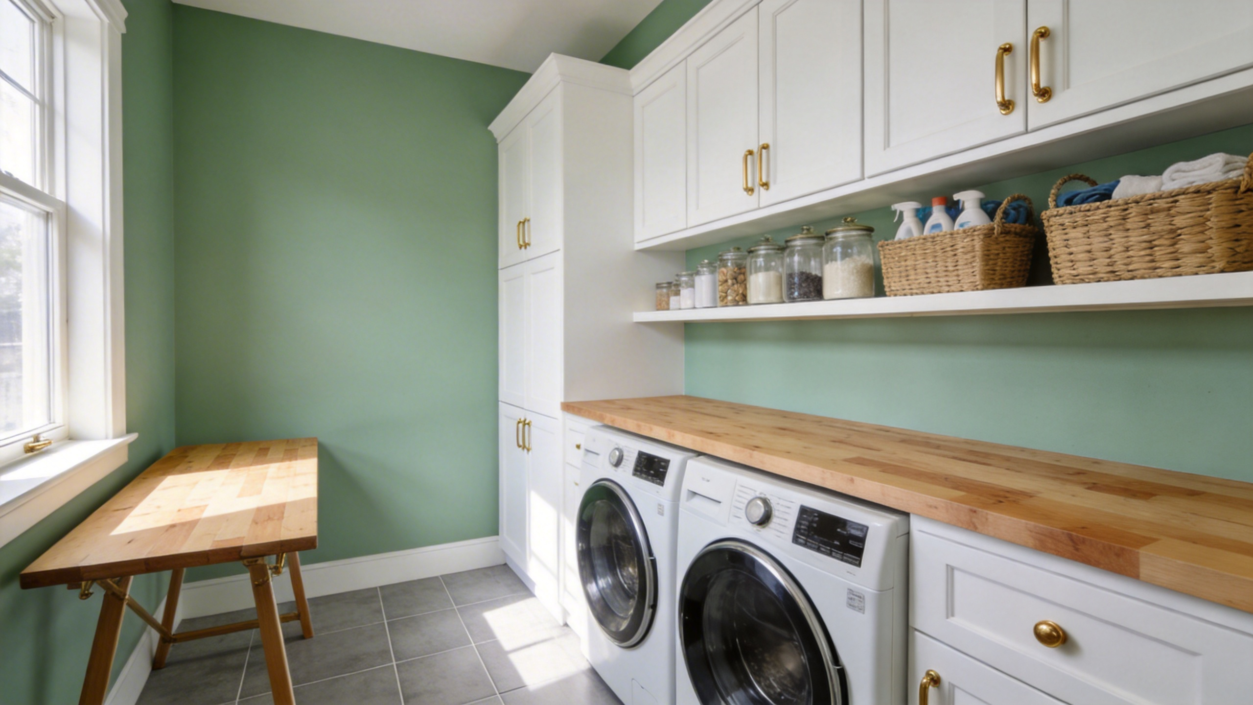 A brightly lit modern laundry room featuring an ergonomic layout with white cabinets, a wood folding counter, and organized storage at reaching height.