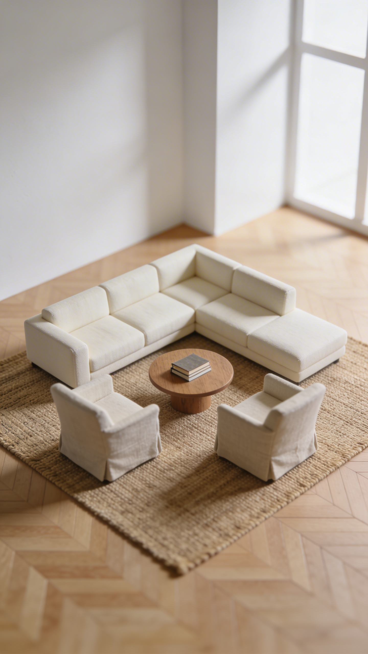 A photograph of a simple, modern living room where a cream floating sofa and neutral rug are intentionally pulled away from the walls, exposing the light hardwood floor perimeter to create a sense of expanded space and air flow.