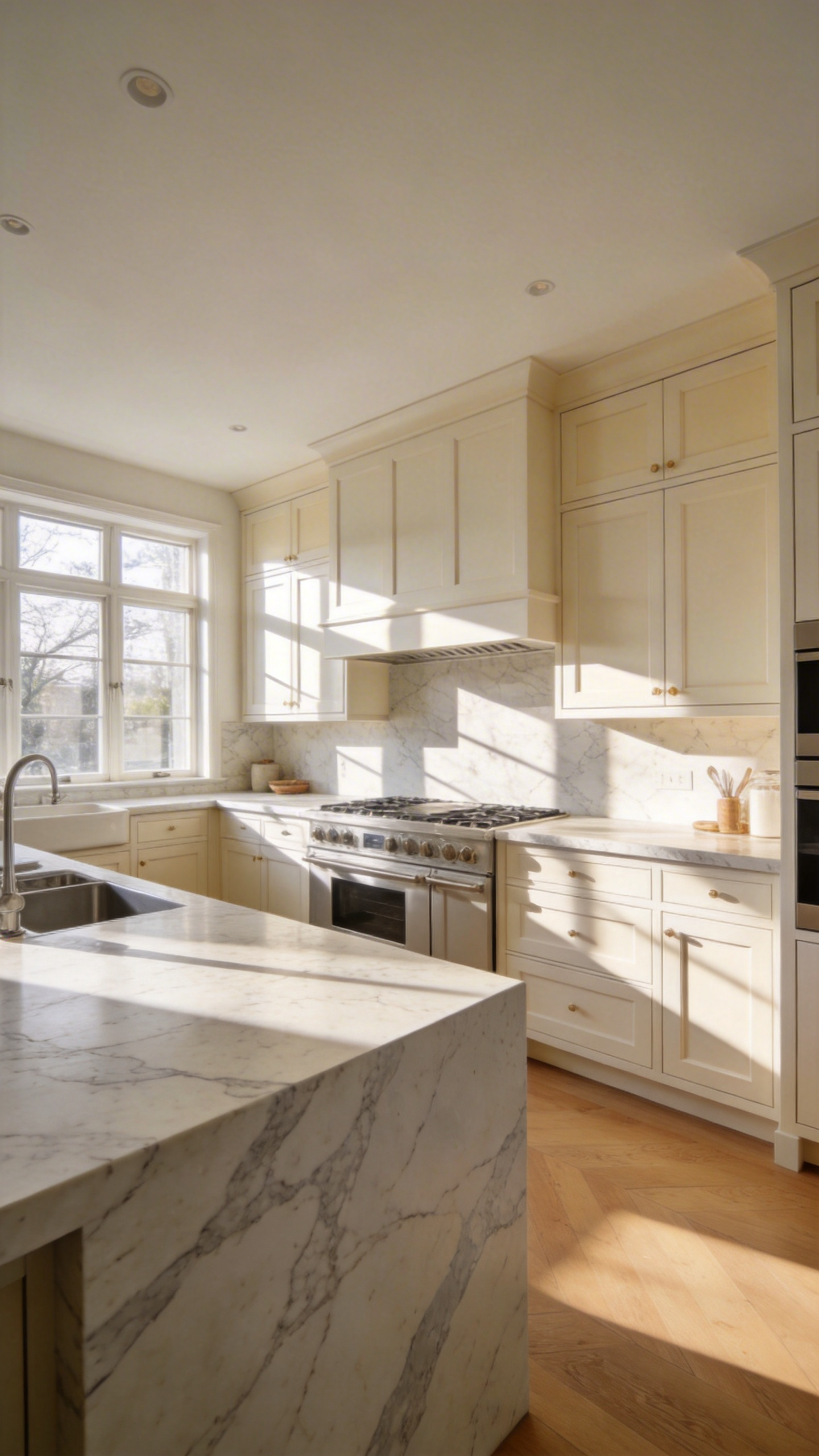 A bright and airy modern kitchen with warm white cabinetry, marble surfaces, and natural wood flooring, demonstrating the soft depth of gallery white paint.