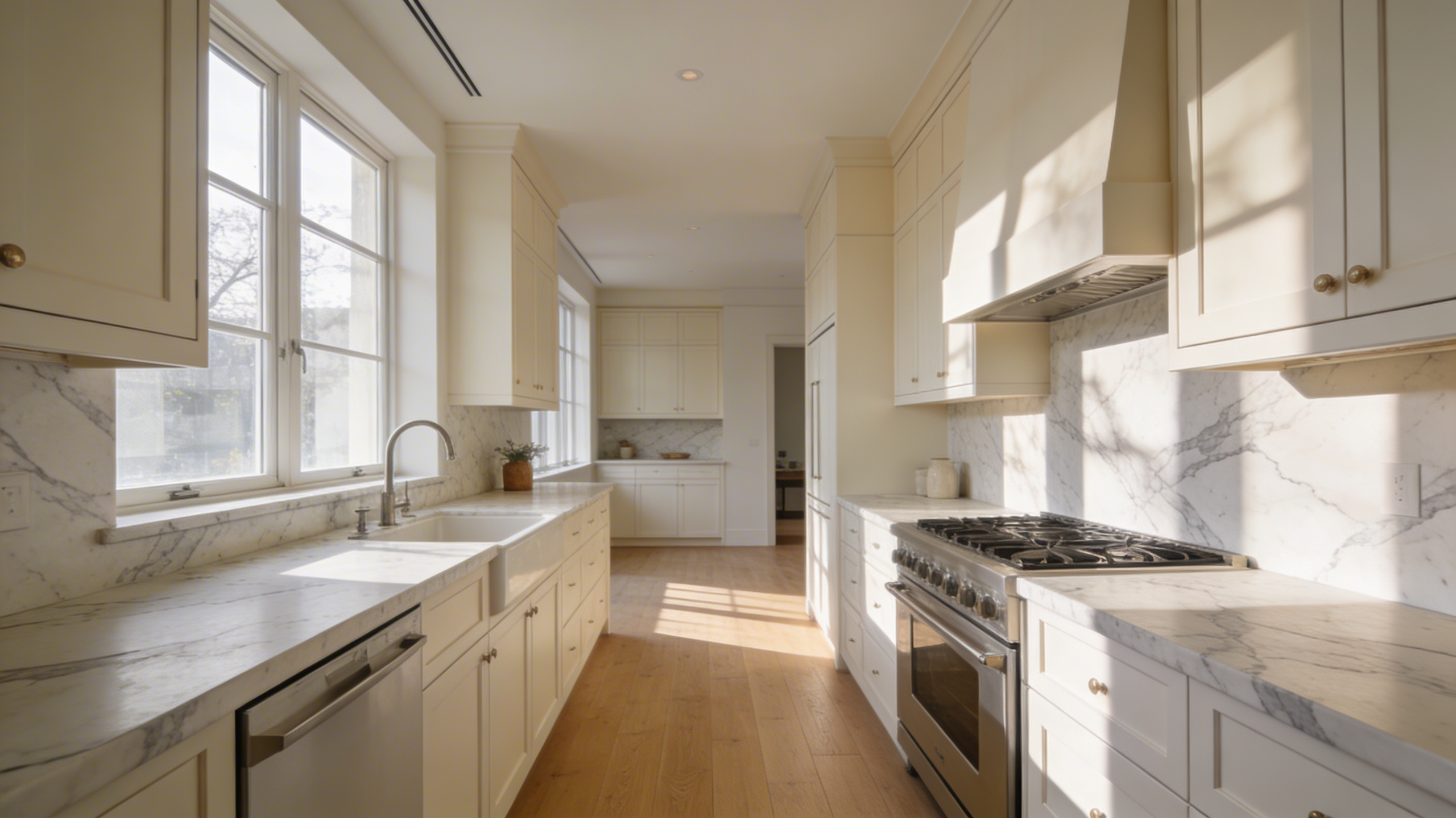 A bright and airy modern kitchen with warm white cabinetry, marble surfaces, and natural wood flooring, demonstrating the soft depth of gallery white paint.
