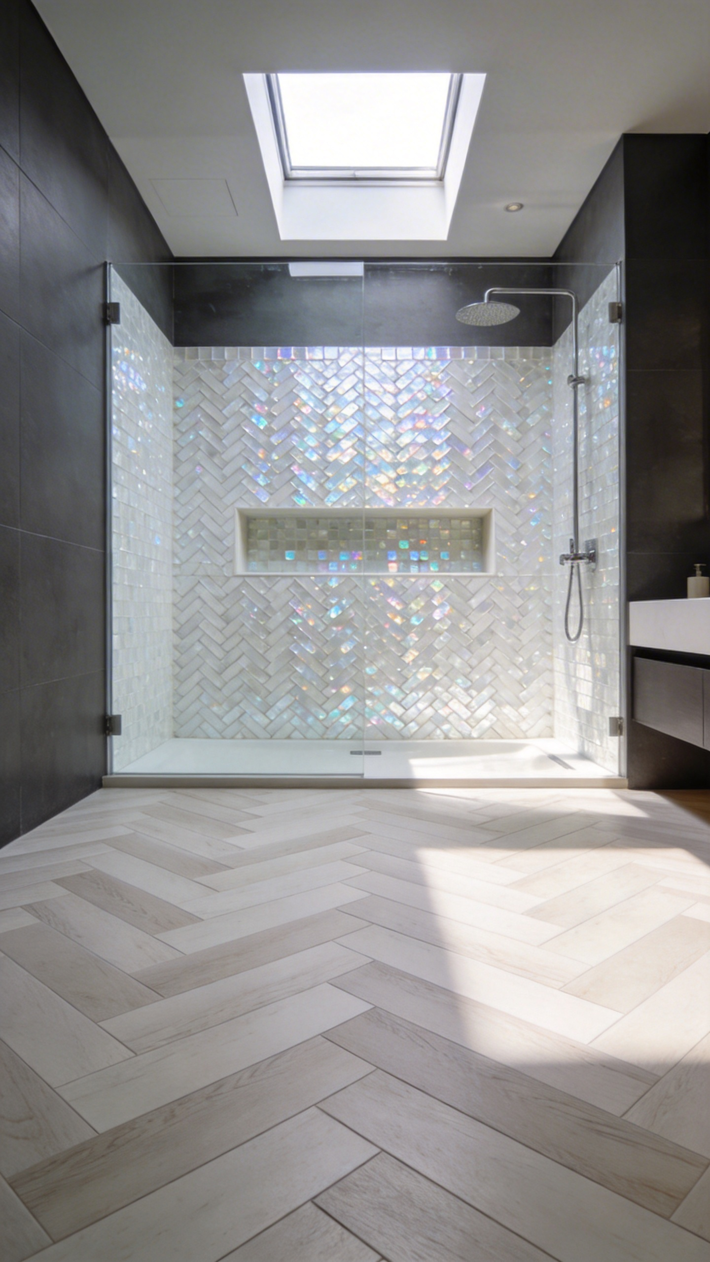 A modern luxury bathroom featuring large-scale herringbone floor planks contrasted with a small-format micro-herringbone tile shower niche.