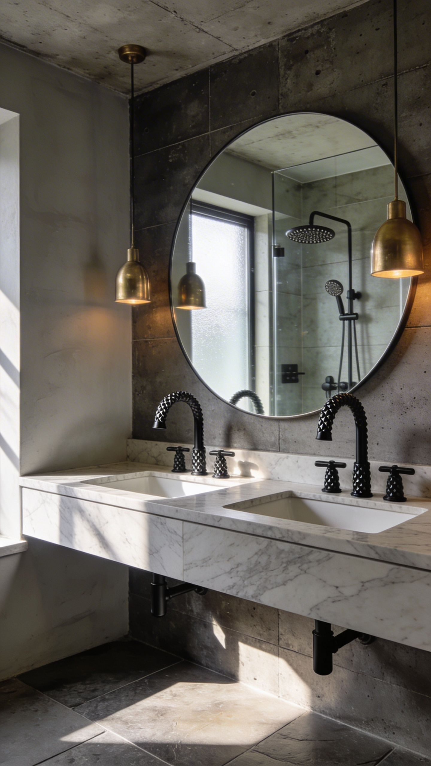 Modern luxury bathroom featuring industrial knurled hardware on a marble vanity with textured concrete walls and warm pendant lighting.