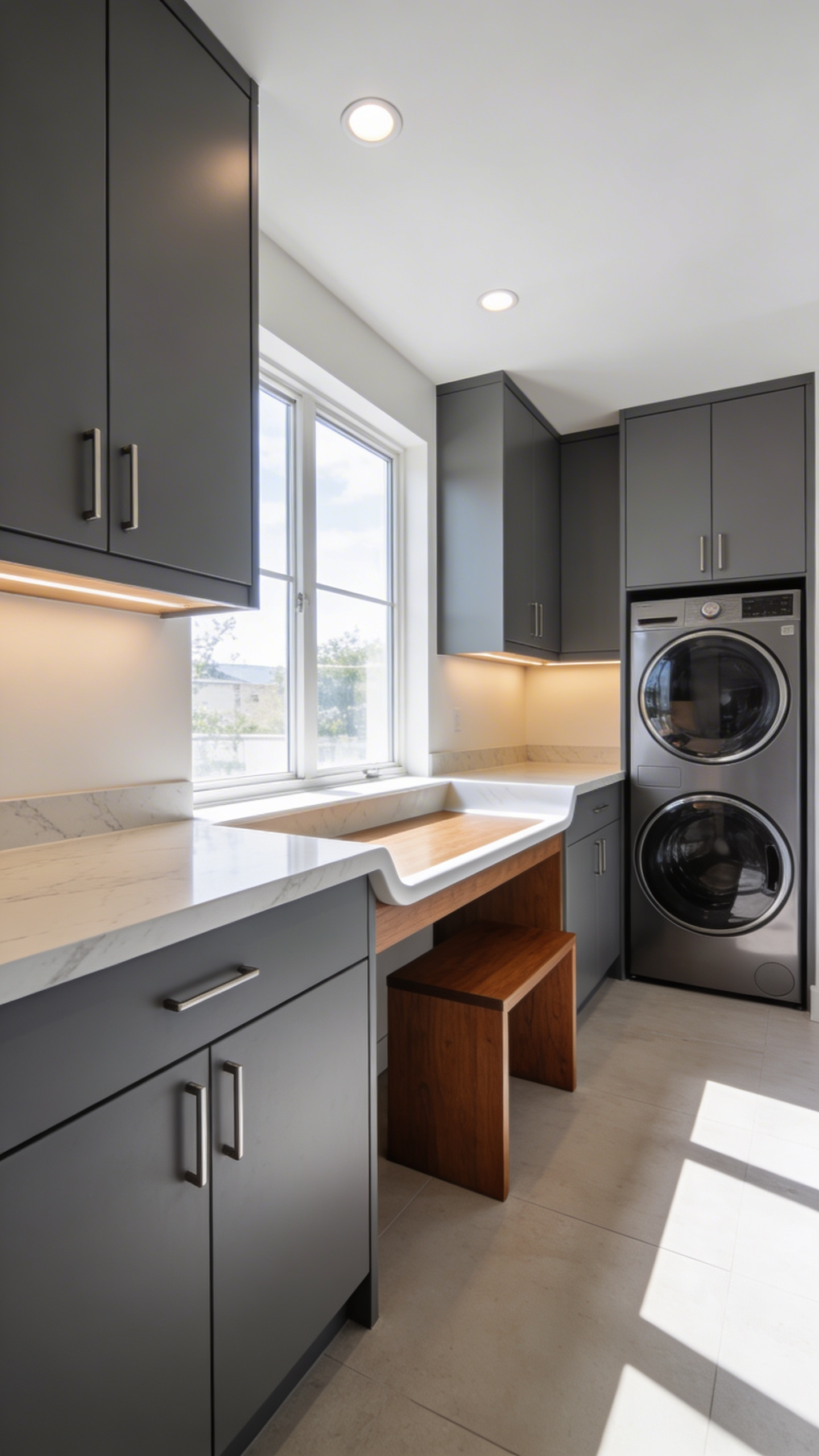 A spacious and modern laundry room with multi-level folding counters, custom gray cabinetry, and ergonomic storage solutions.