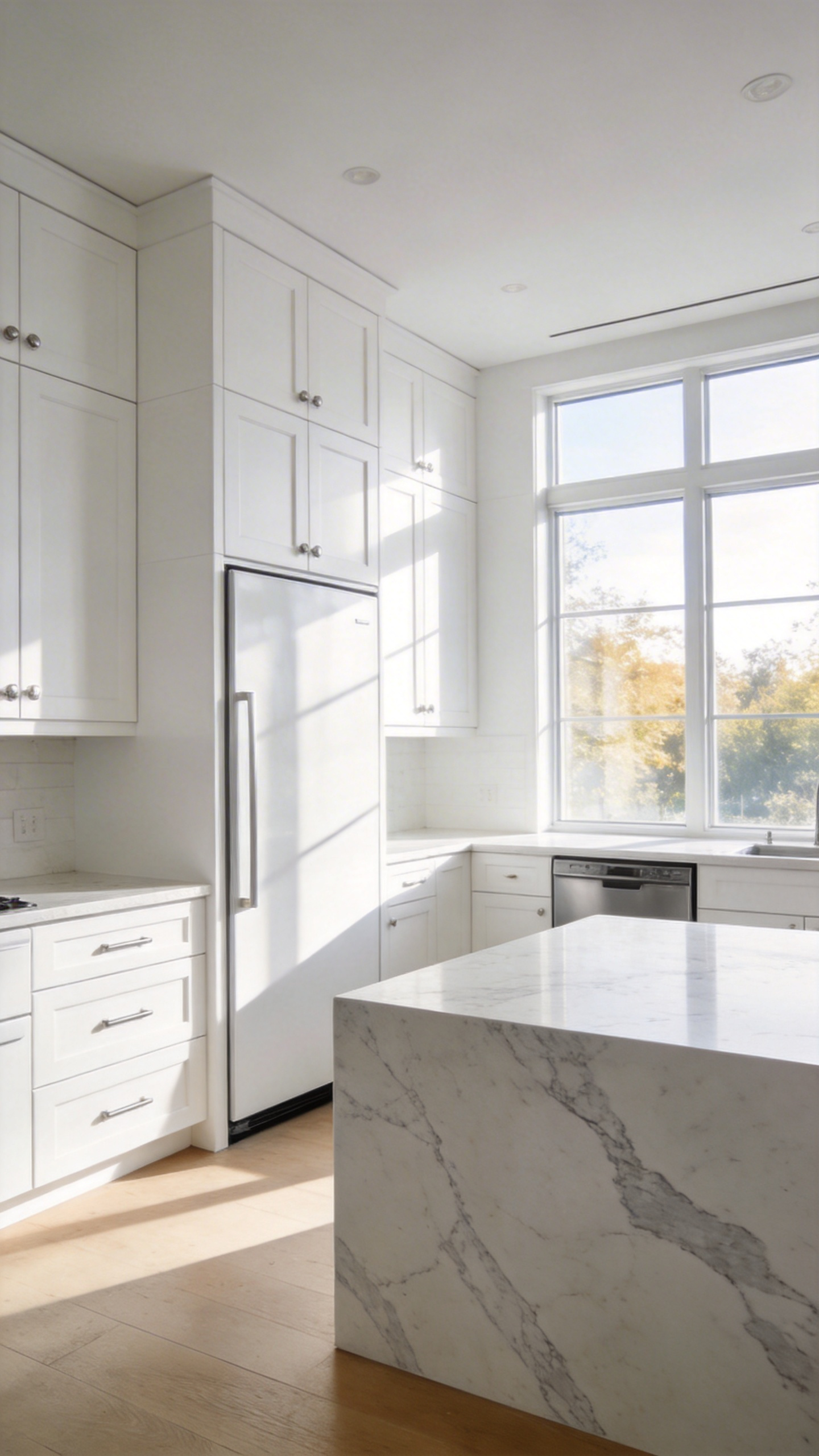 A modern white kitchen design featuring integrated paneled appliances that blend seamlessly with the cabinetry for a minimalist look.