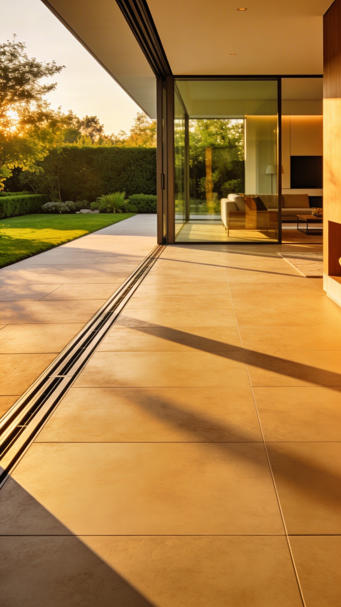 A wide-angle view of a modern home showing a seamless transition from indoor living space to an outdoor patio with matching sand-colored stone flooring.
