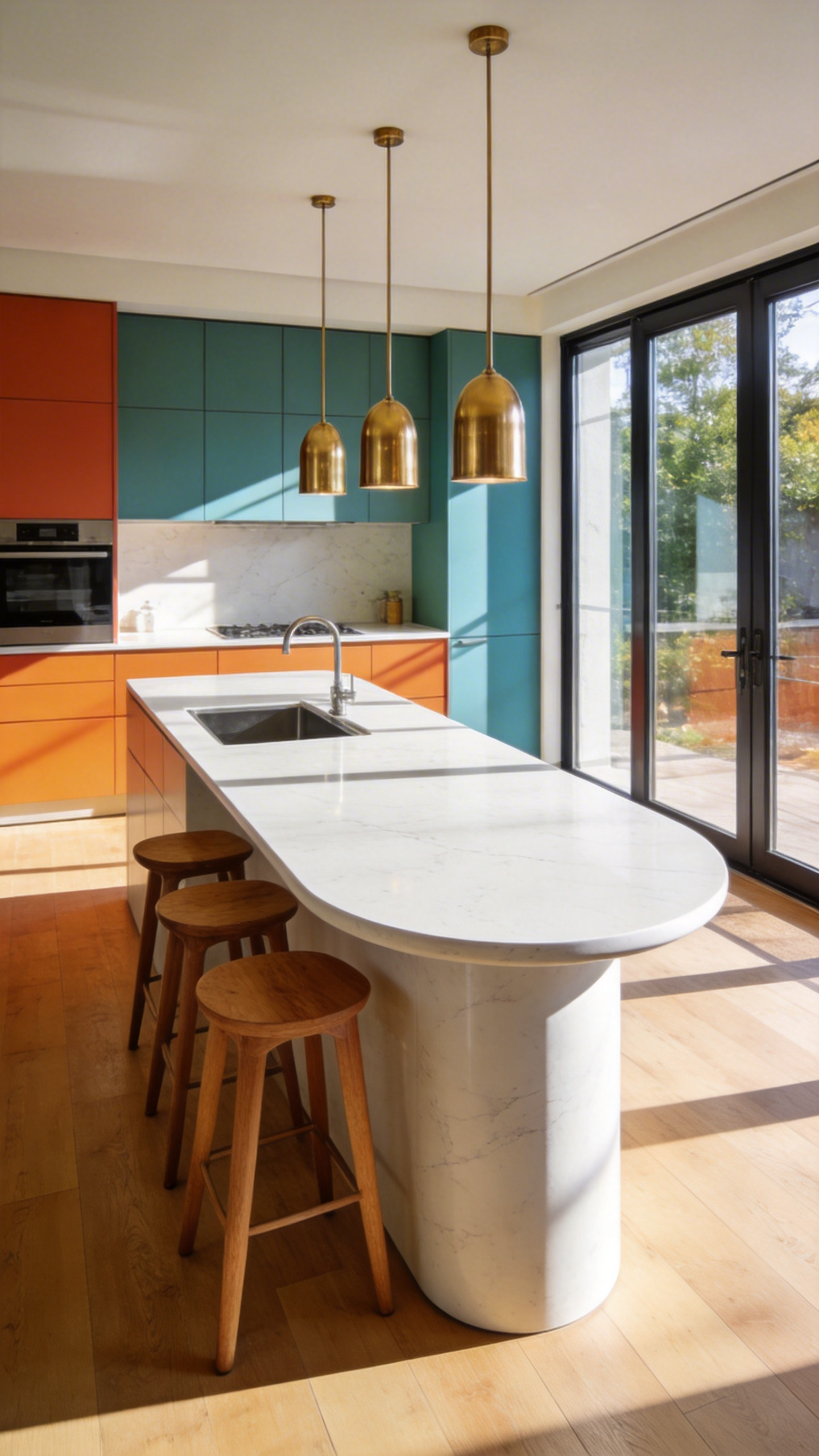 A bright modern kitchen featuring a large white marble island with softened curved ends and four stylish wooden bar stools to improve traffic flow.
