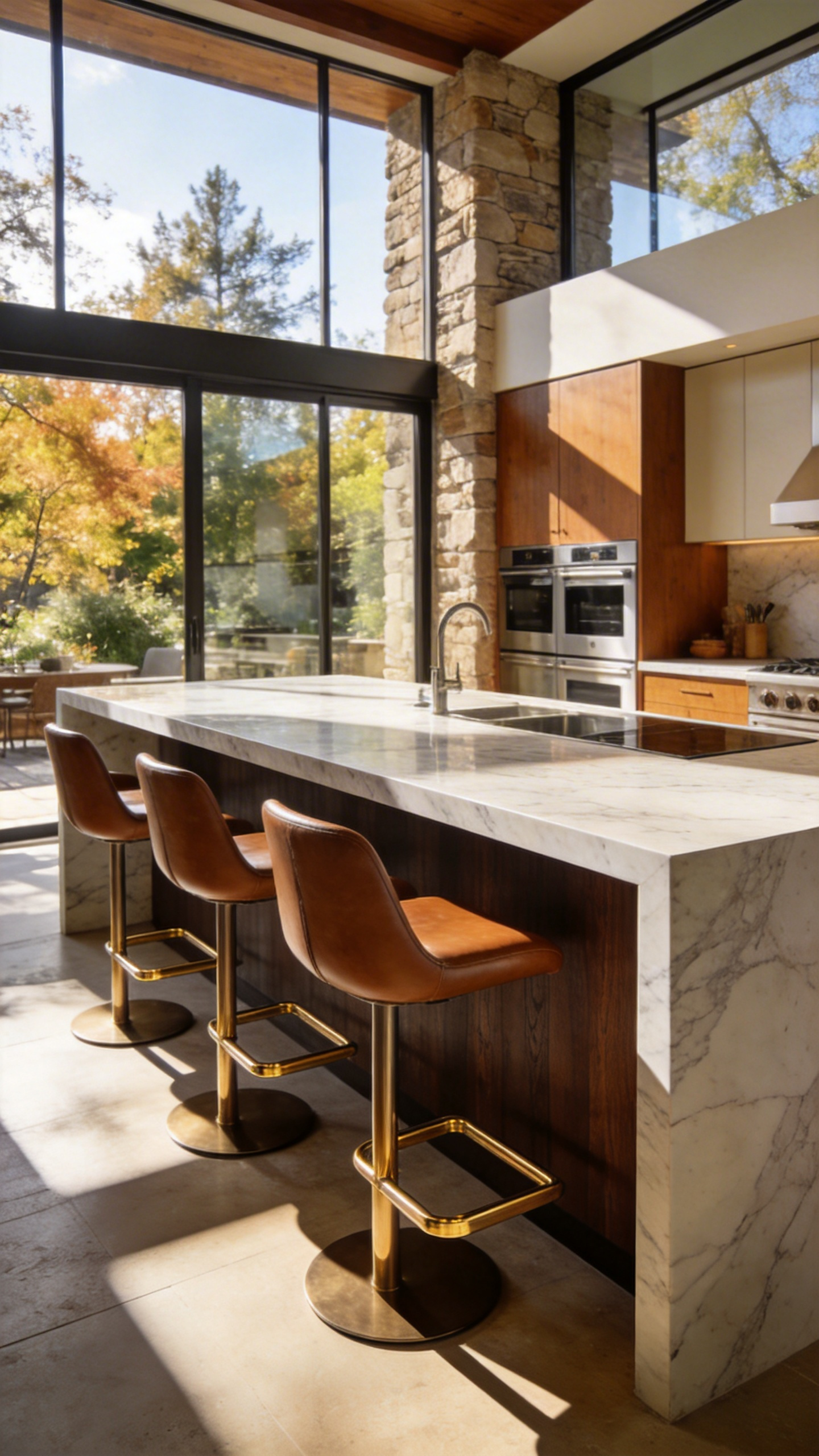A modern kitchen island with white marble countertops and dark wood cabinetry featuring four leather stools with integrated brass footrests for ergonomic comfort.