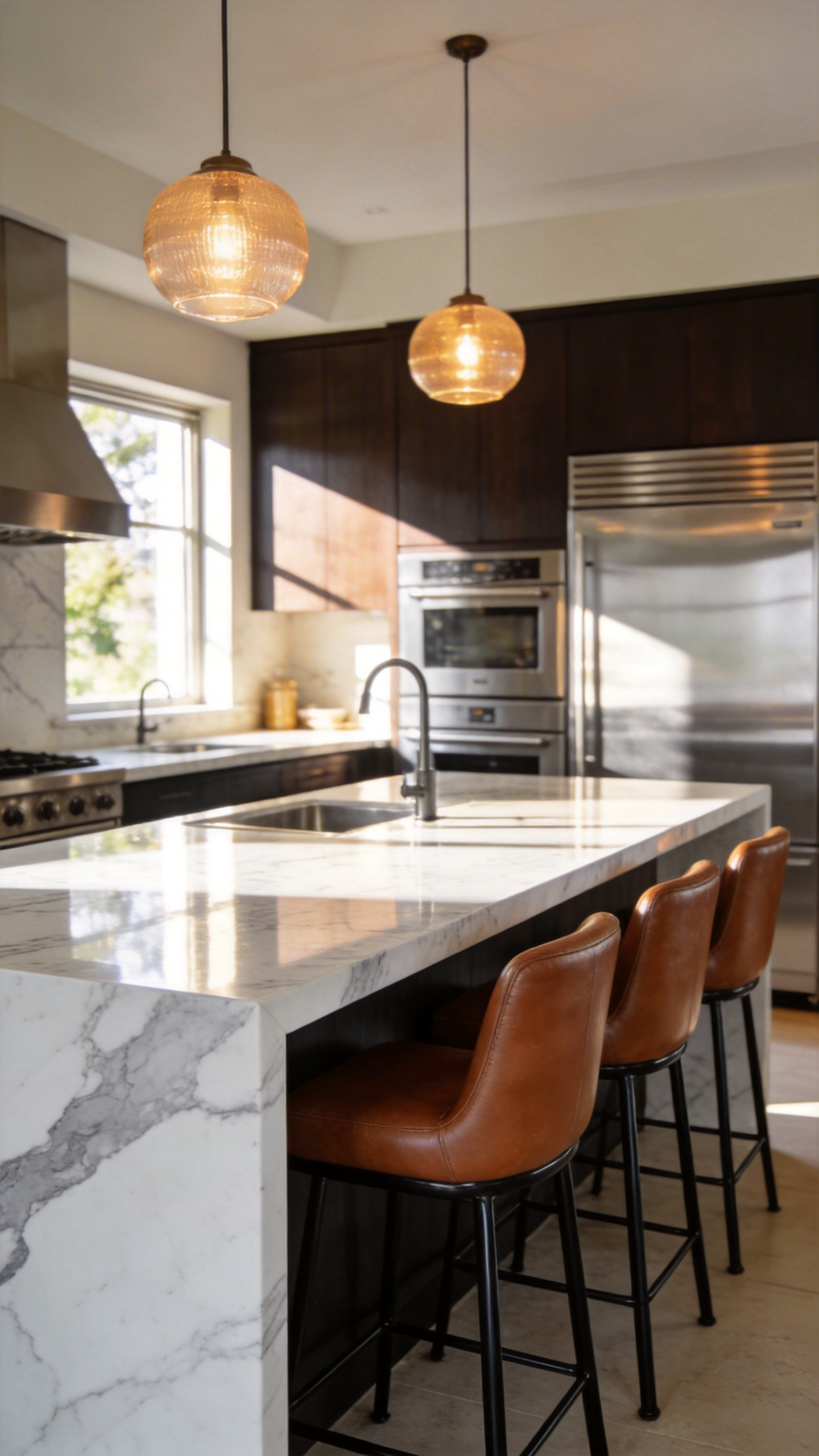 A modern kitchen island with a polished marble countertop and four cognac leather bar stools.