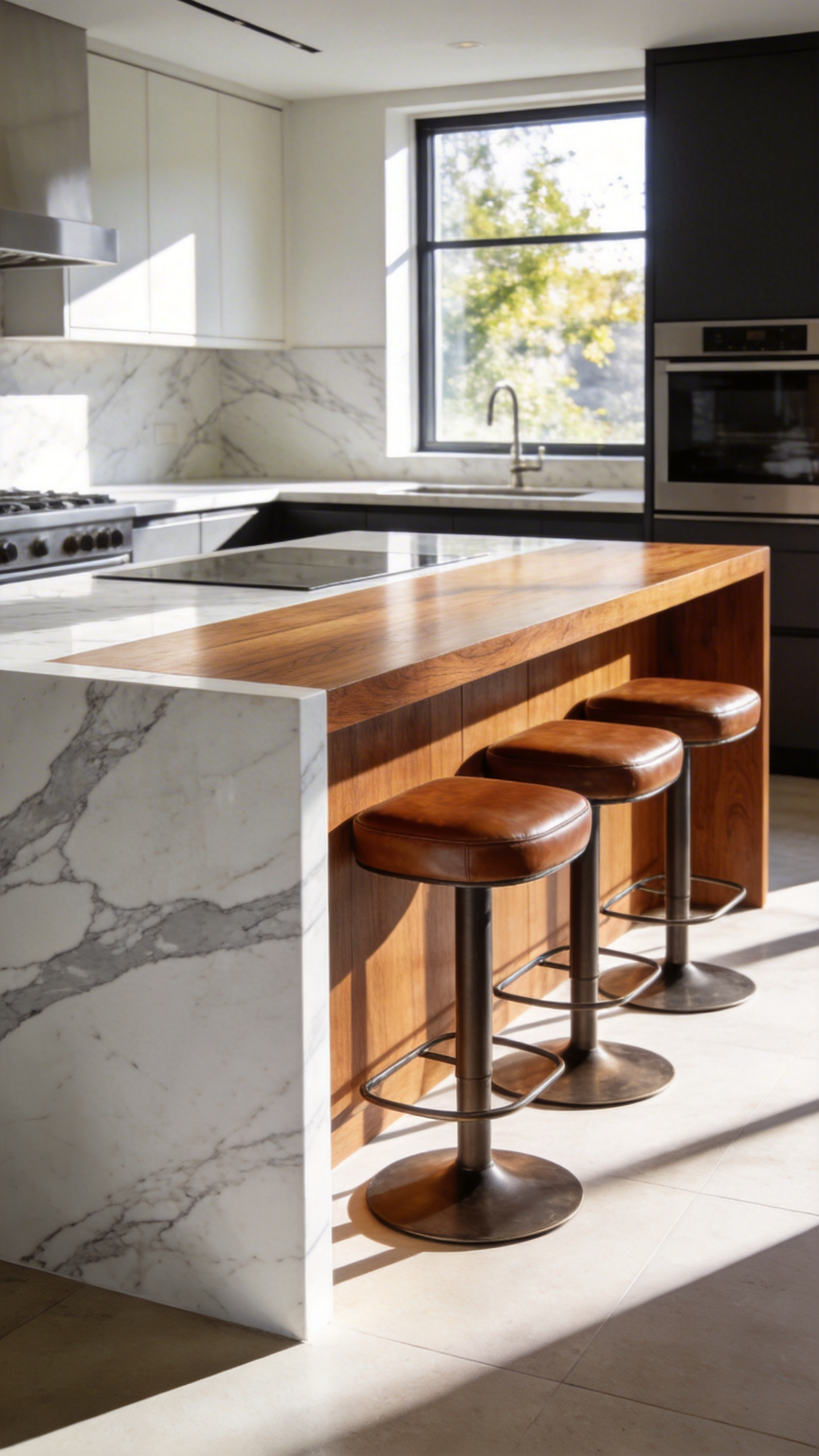A modern kitchen island with seating featuring a split surface of cool white marble and warm natural timber.