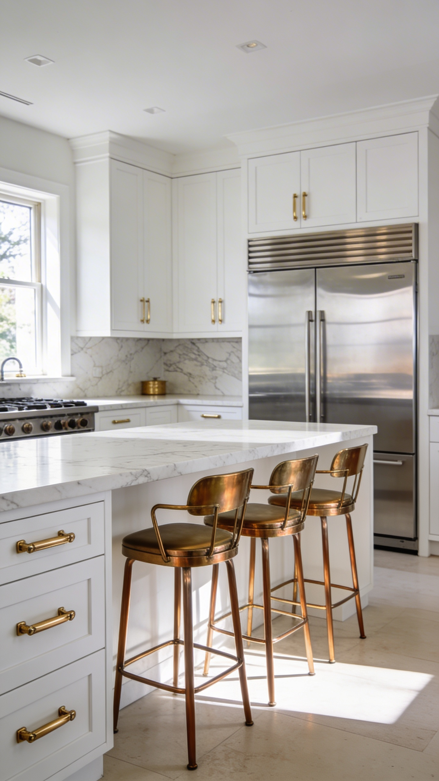 A modern kitchen featuring a marble island with brass-framed seating and matching hardware that complements stainless steel appliances.