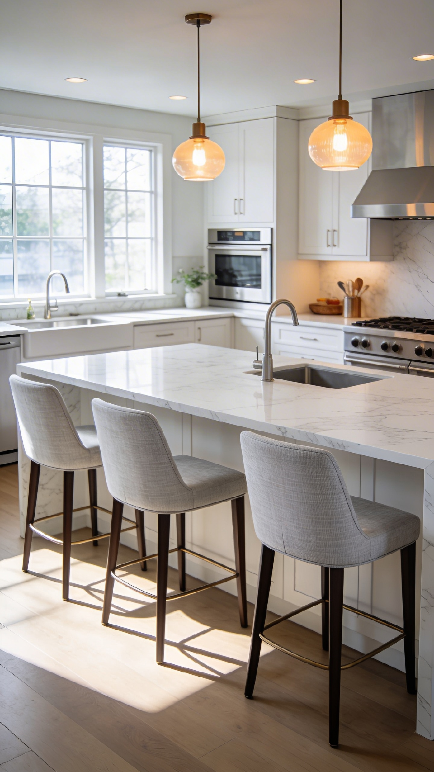 Modern kitchen island featuring four counter stools upholstered in clean gray performance fabric in a bright luxury kitchen.