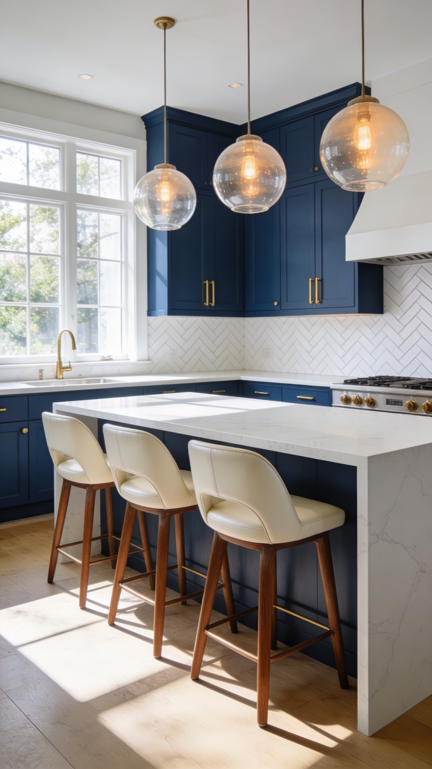 A bright modern kitchen featuring a large white island with four comfortable high-backed leather stools under golden pendant lights.