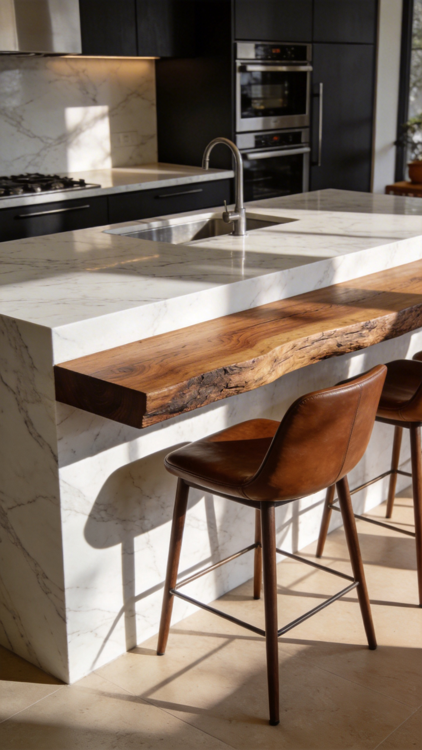 A modern kitchen island with seating featuring a combination of cold marble surfaces and warm walnut wood to influence social flow.