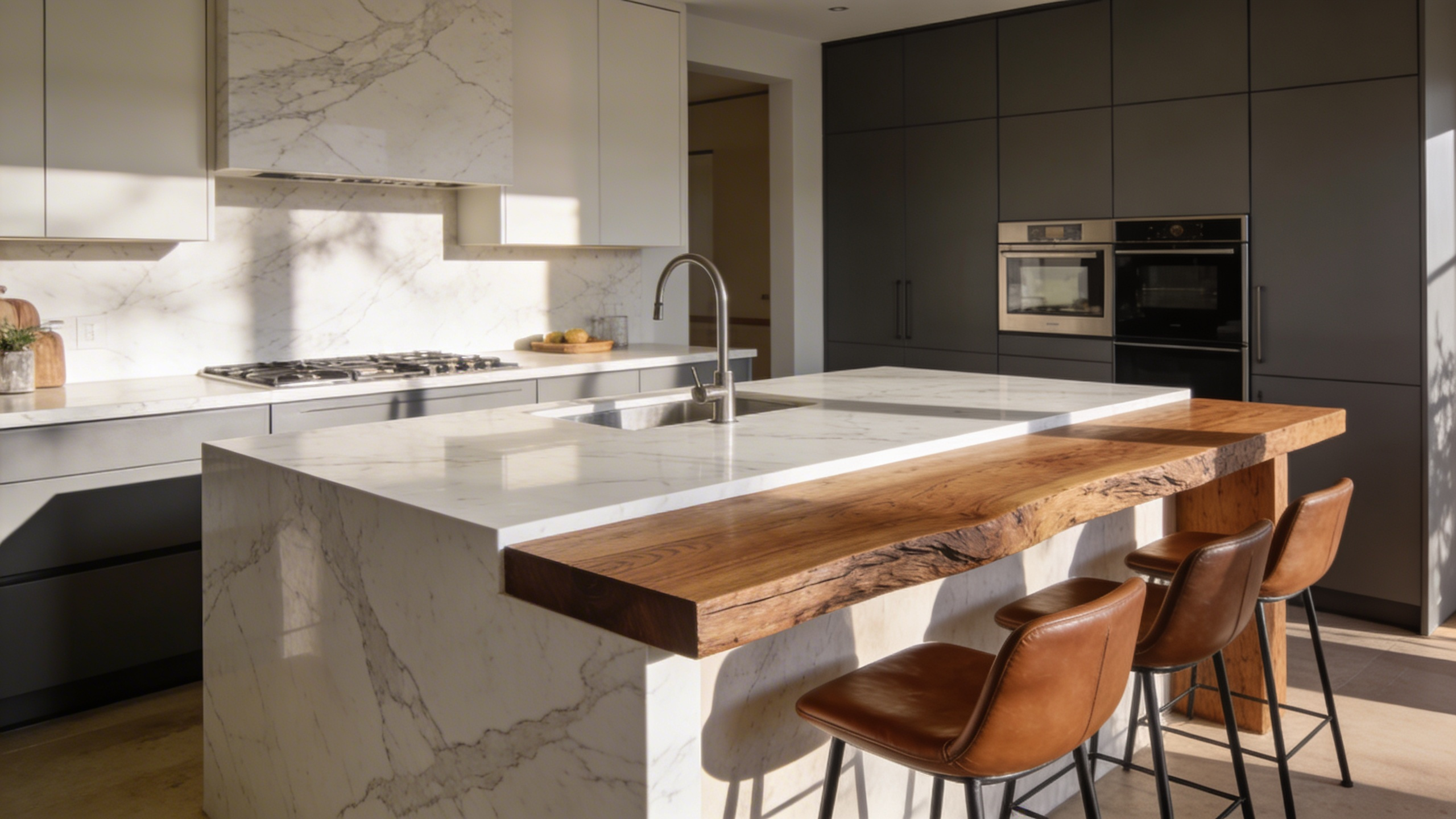A modern kitchen island with seating featuring a combination of cold marble surfaces and warm walnut wood to influence social flow.