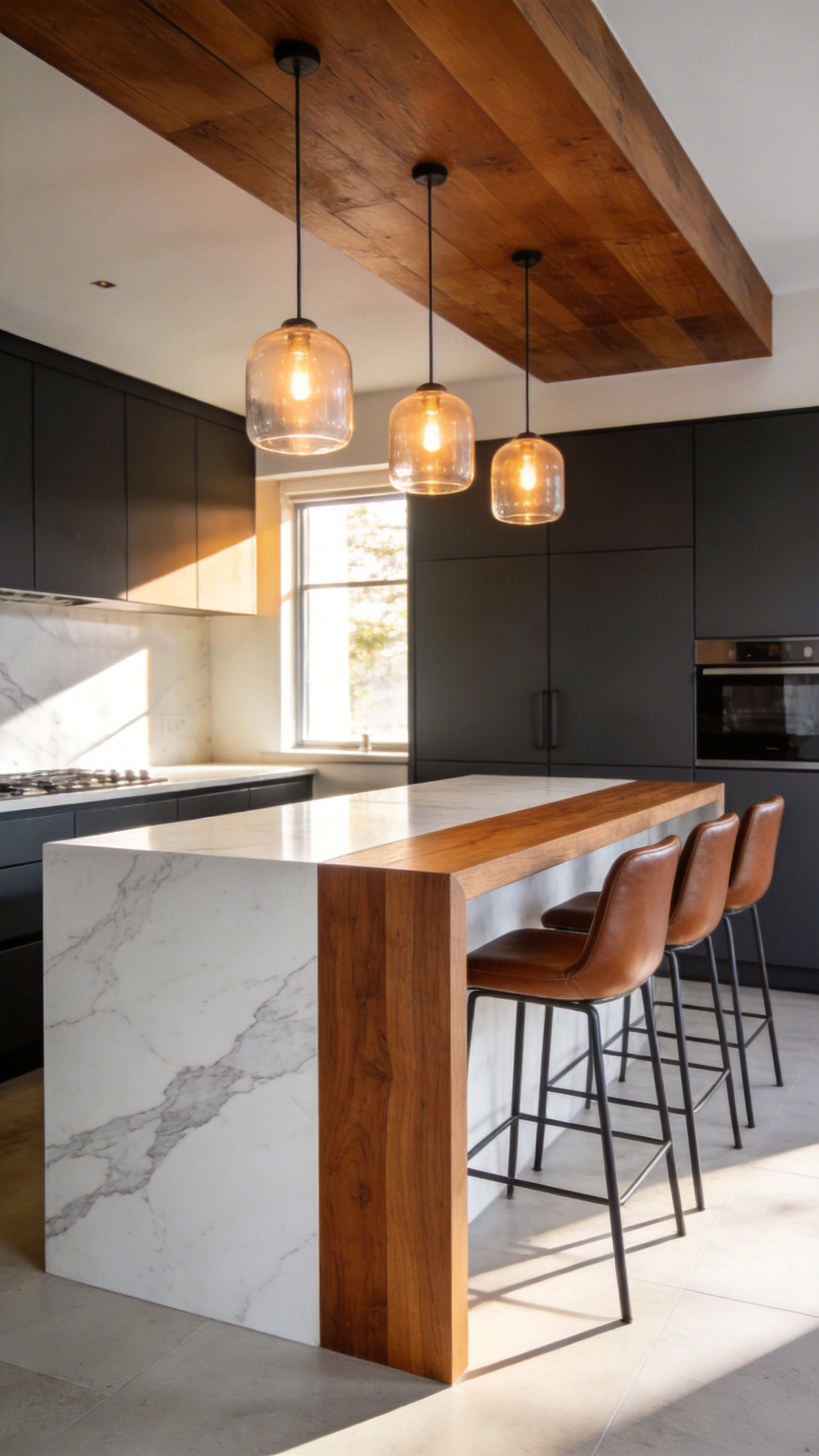 A high-end kitchen island with a white marble top transitioning into a thick walnut wood seating area with four modern stools.