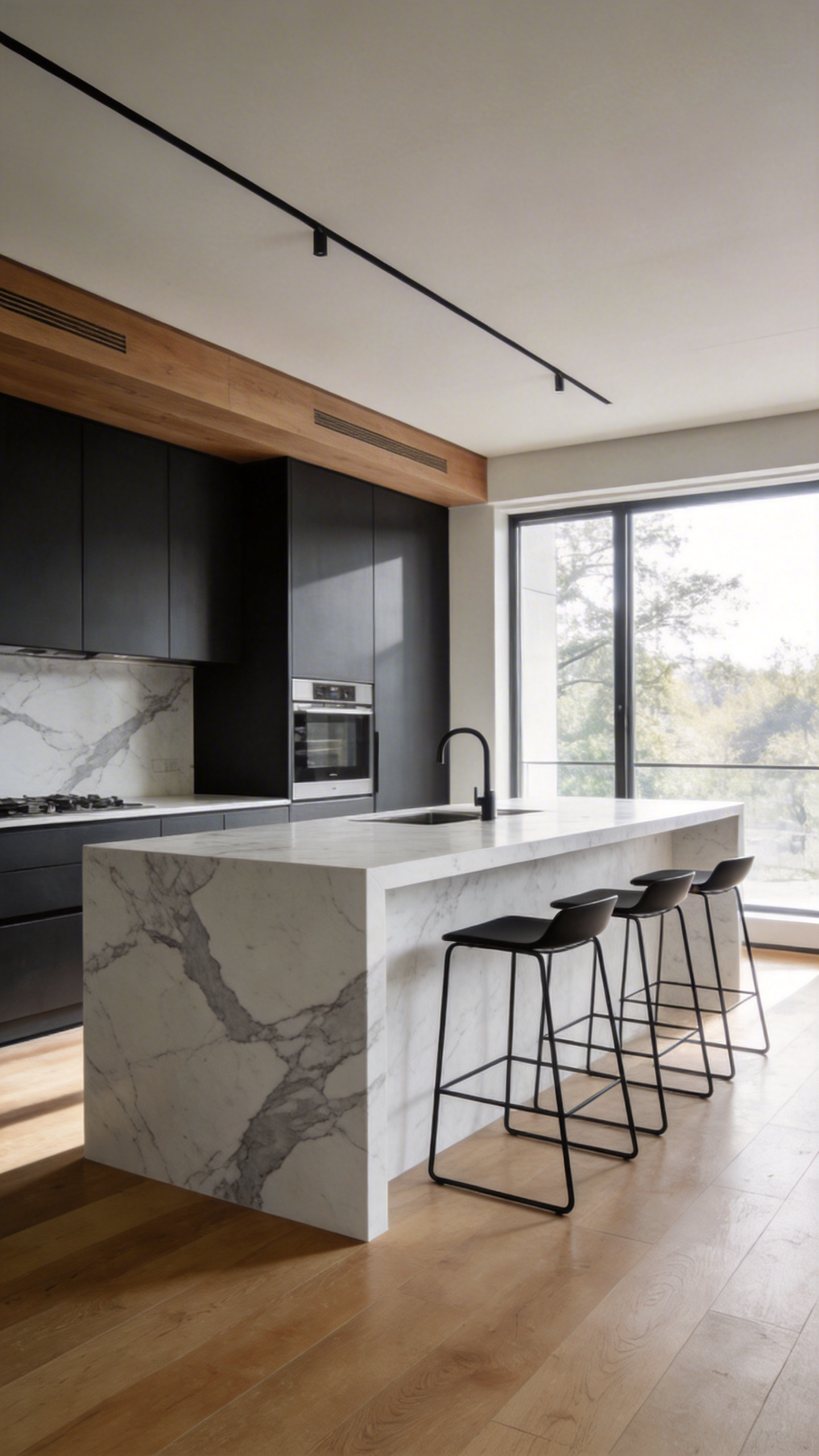 A modern kitchen featuring a heavy white marble waterfall island paired with light metal bar stools to achieve visual balance and scale.