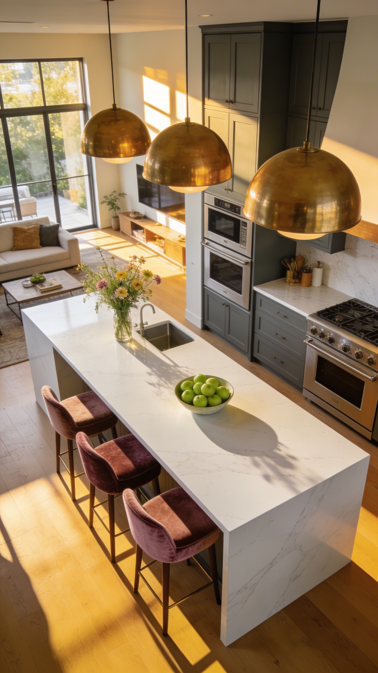 A spacious modern kitchen featuring a white quartz island with an L-shaped seating arrangement and stylish stools designed for social interaction.