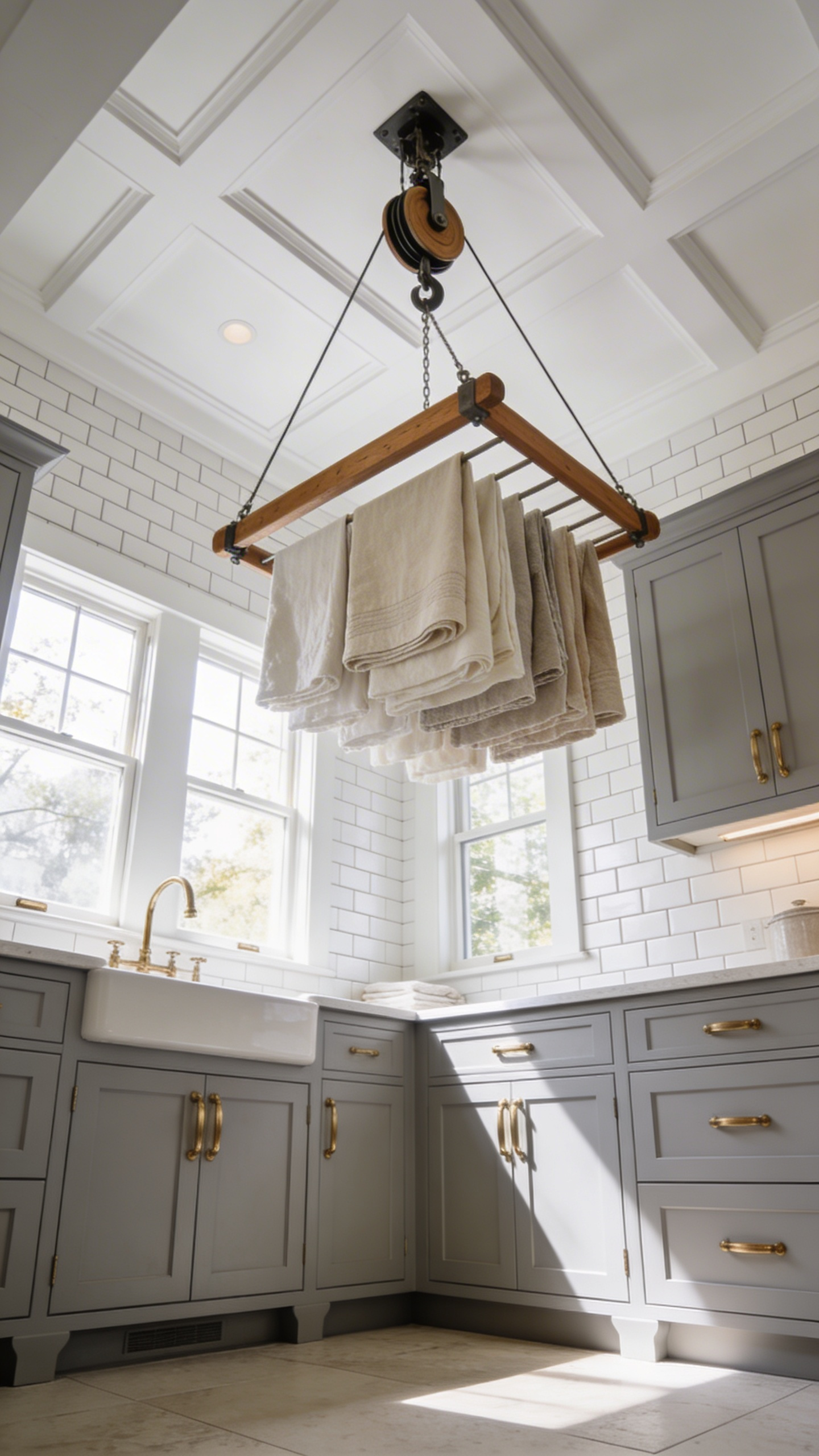 A wooden ceiling-mounted pulley system used for air-drying laundry in a bright, modern utility room.