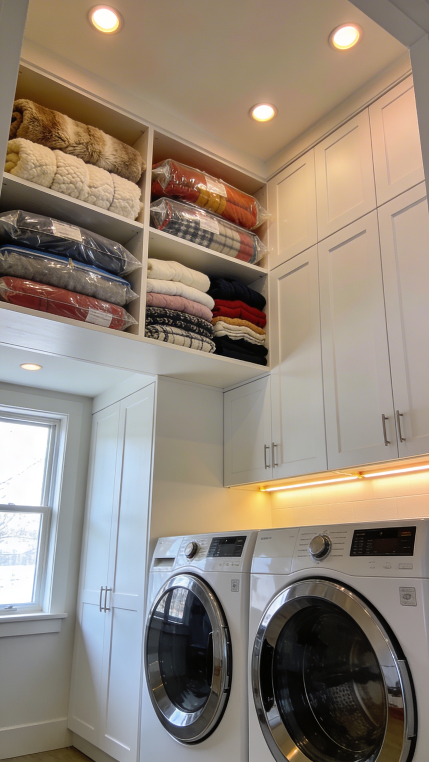 High shelves in a modern laundry room organized with vacuum-sealed bags containing winter linens and blankets.