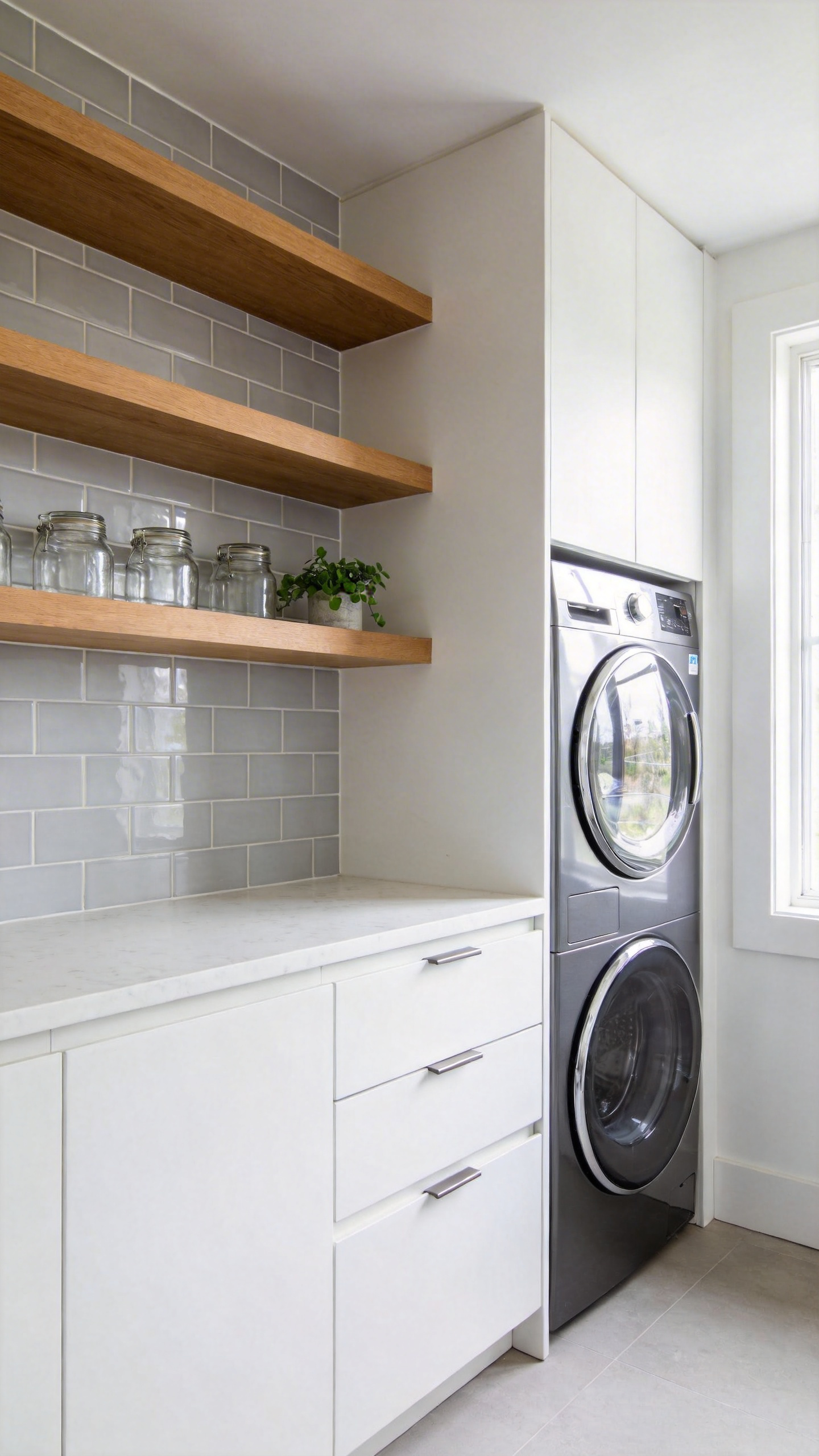 A well-organized laundry room showing a combination of open wooden floating shelves and white closed cabinetry for a balanced look.