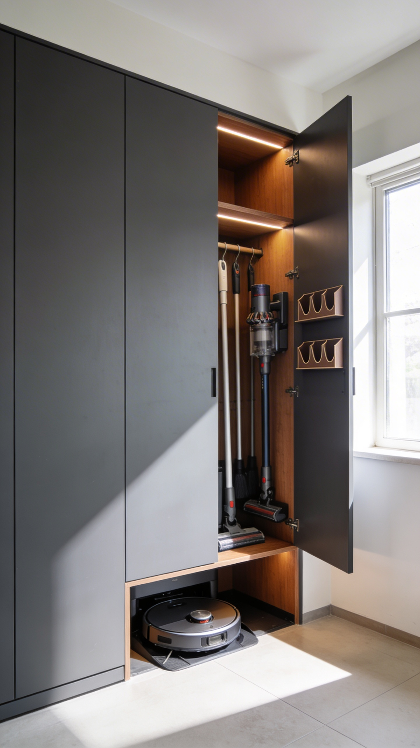 A floor-to-ceiling laundry room storage armoire featuring a dedicated robotic vacuum docking station and organized compartments for cleaning supplies.
